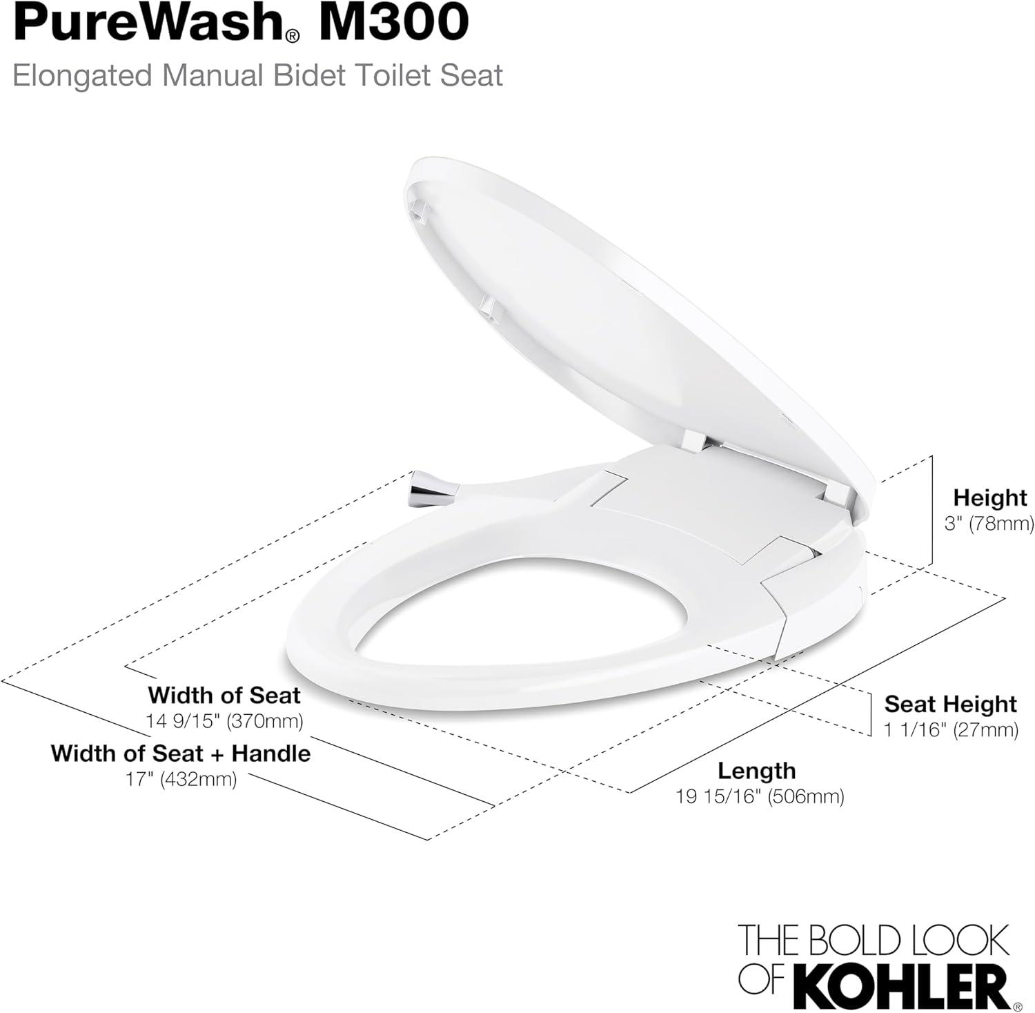 Purewash M300 Elongated Manual Bidet Toilet Seat With Chrome Handle, Non-Electric Bidet