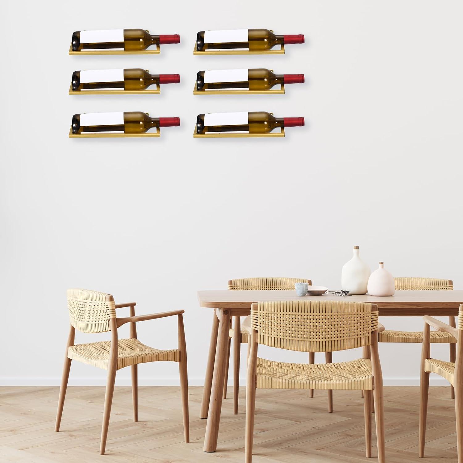 Metal Wine Rack Wall Mounted 6 Pcs Hanging Wine Bottle Display Holder for Wine Bottles Home Kitchen Bar Wall Decor Gold