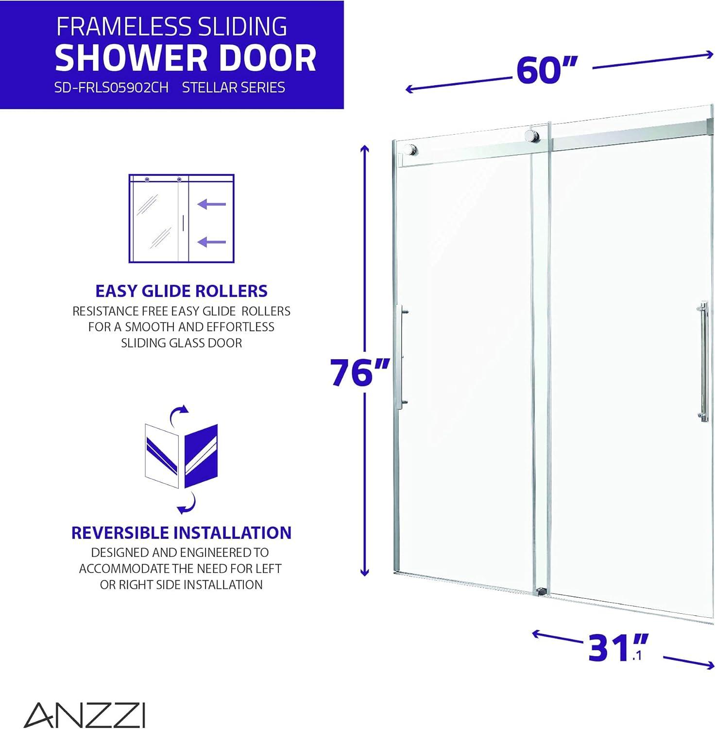 Stellar 76" x 60" Frameless Polished Chrome Sliding Shower Door