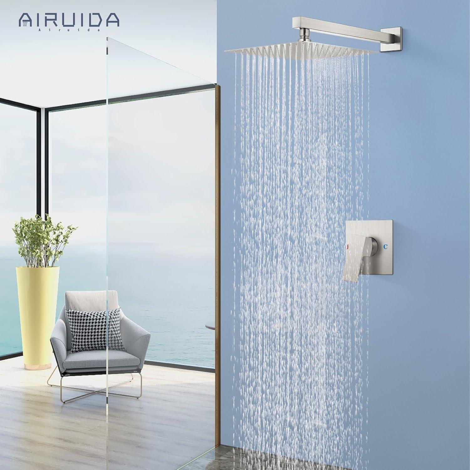 AWZTOO 10 Inch Wall Mount Shower System WIth Rough-in Valve Bathroom Shower Faucet Modern Rainfall Shower Head Combo Set Brushed Nickel Brushed,