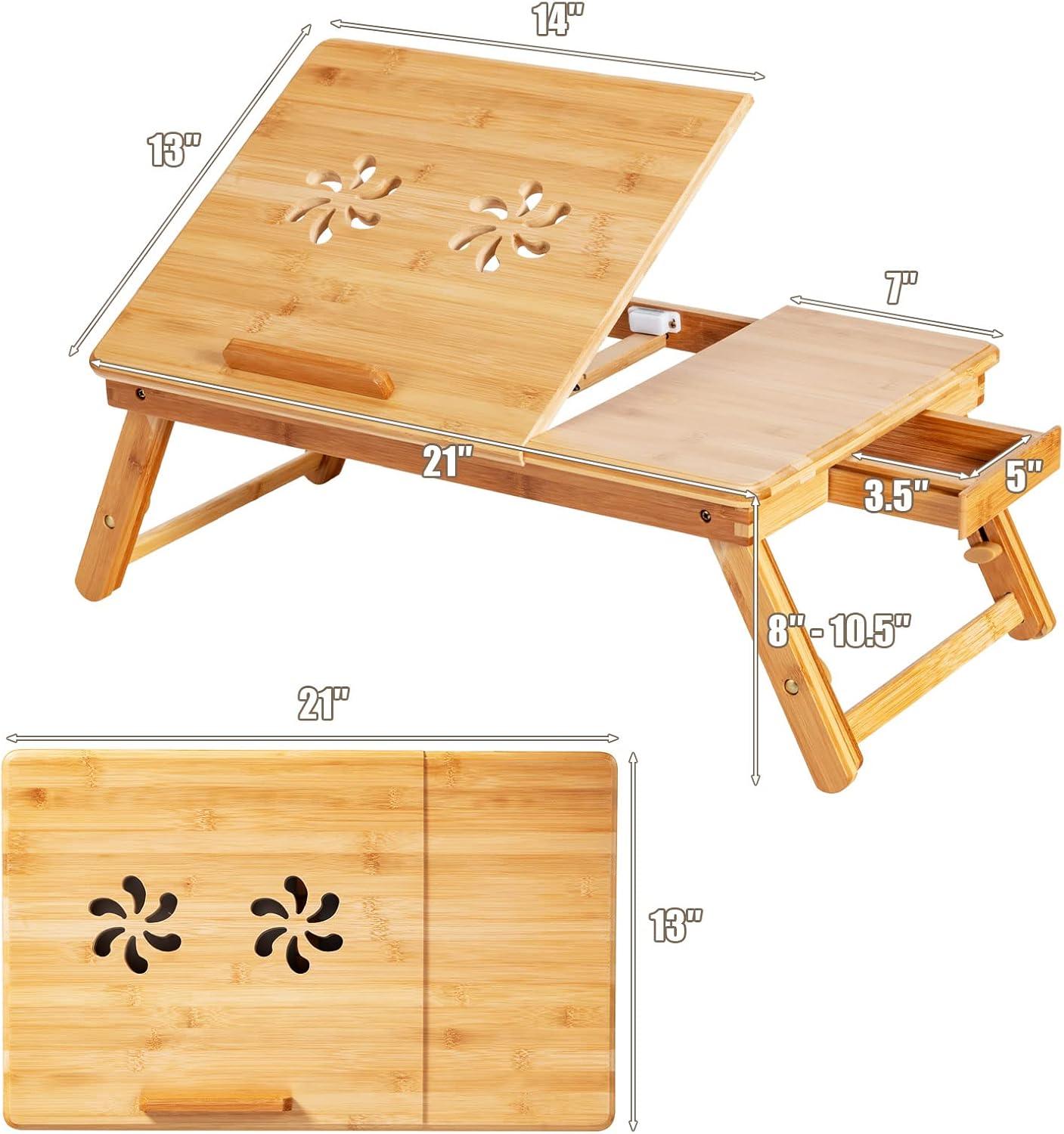 Bamboo Laptop Lap Tray with Adjustable Legs and Tilting Heat-dissipation Top-Natural