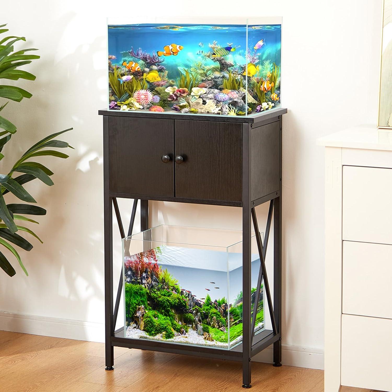 Black Metal 3-Tier Fish Tank Stand with Storage Shelf