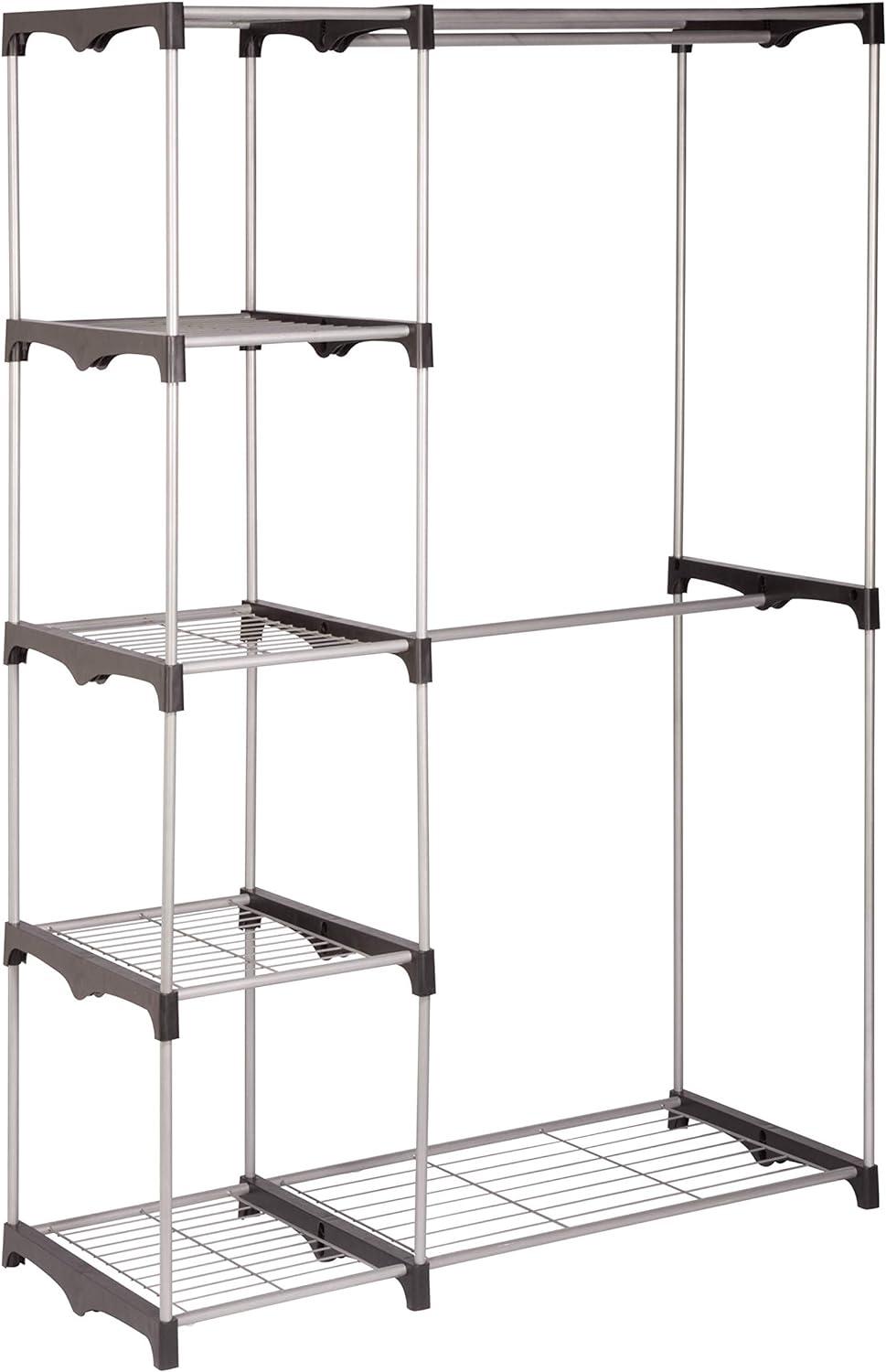 Silver and Black Steel Double Rod Freestanding Closet with Shelves