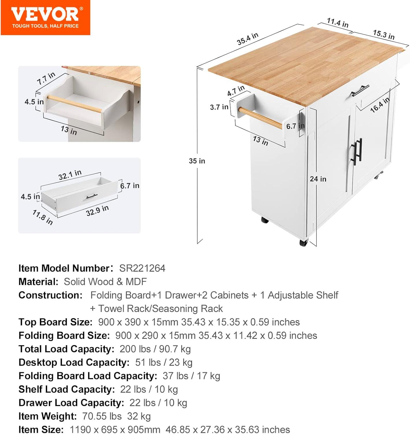 VEVOR Kitchen Island Cart, Rolling Storage Cabinet with Drawer and Shelves