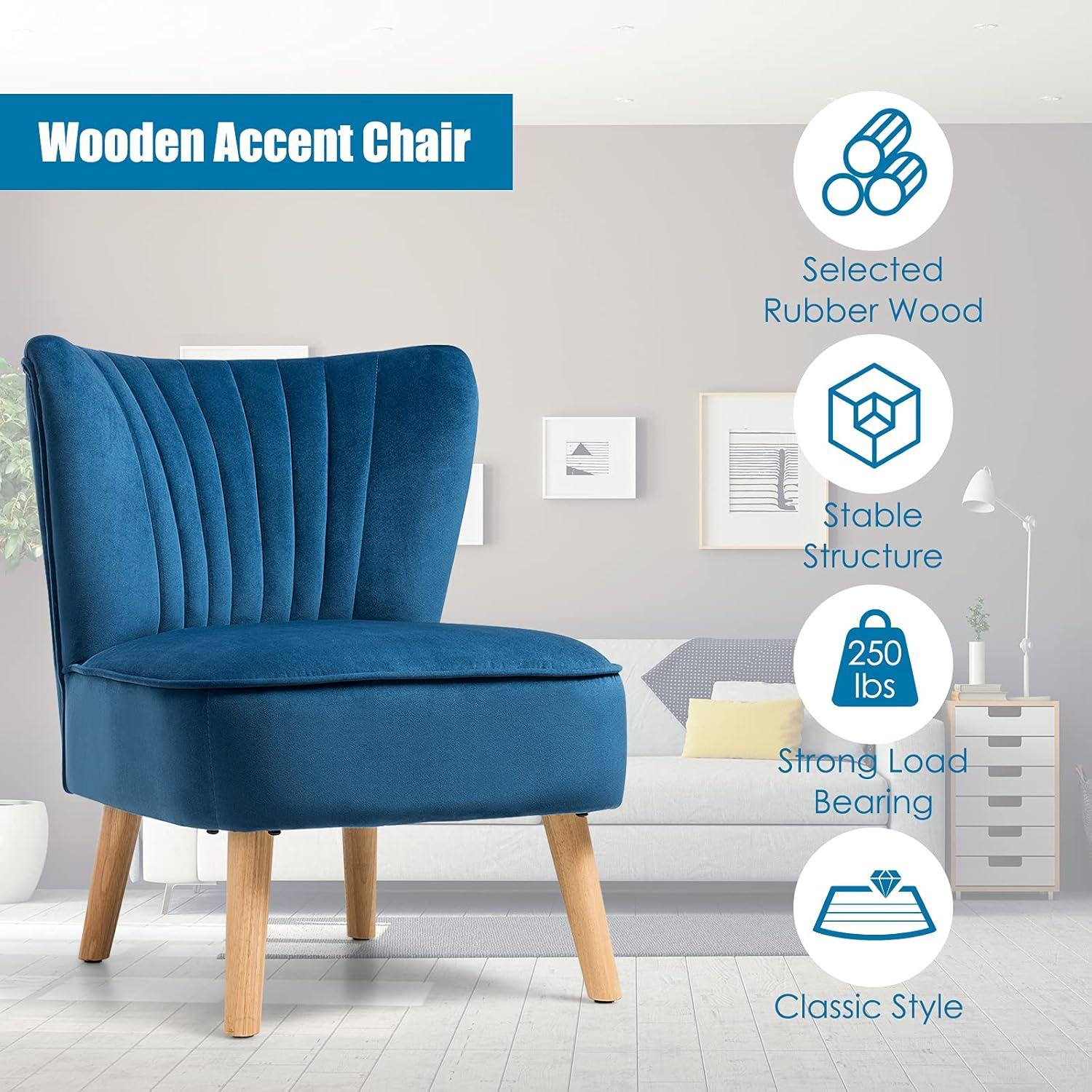 Yardi Yard Modern Armless Velvet Accent Chair with Wood Legs-Blue, Vanity Chair for Bedroom Desk