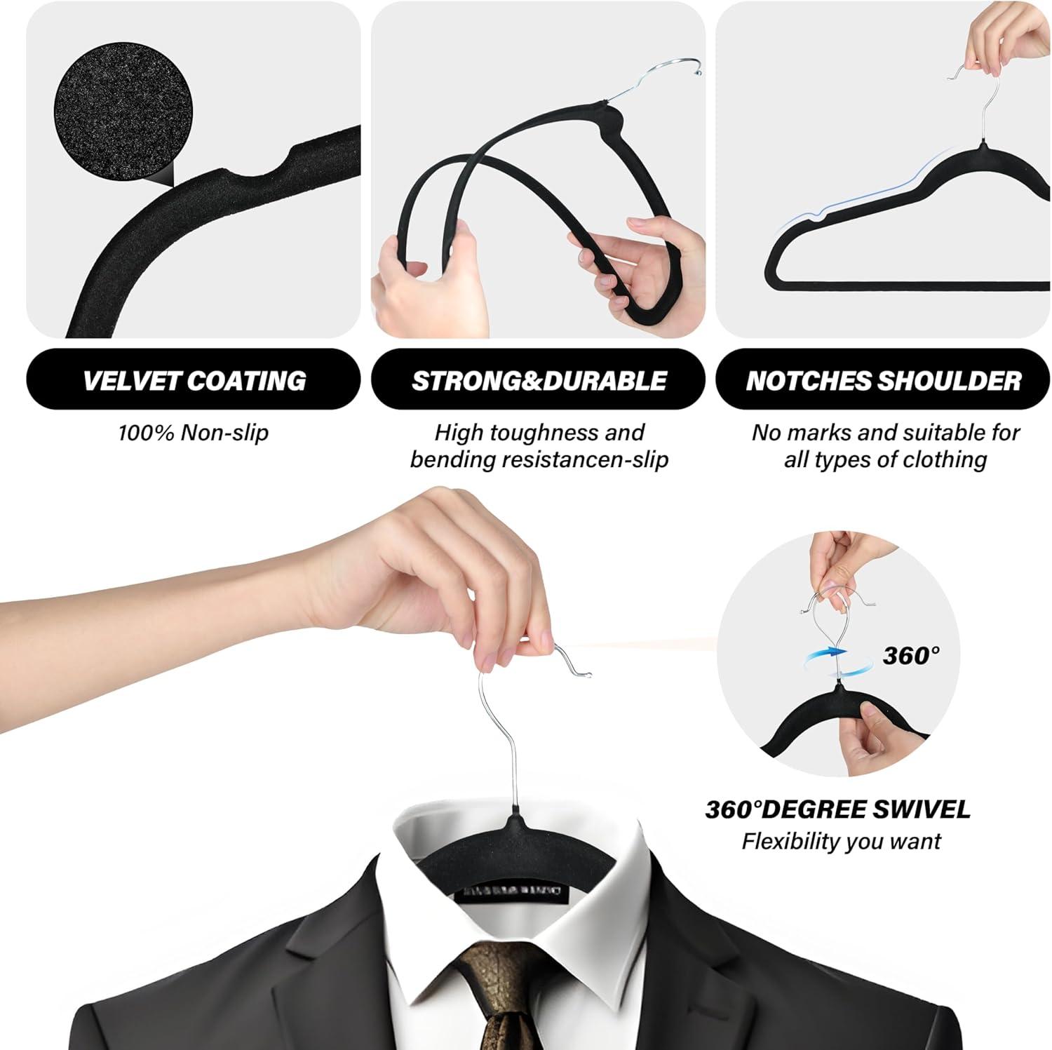 Simple Deluxe 50 Pack Non-Slip Velvet Hangers, 360° Swivel Hooks, Clothes Hangers with Shoulder Notches, Heavy Duty Coat Suit Hangers for Coats & Pants, Black