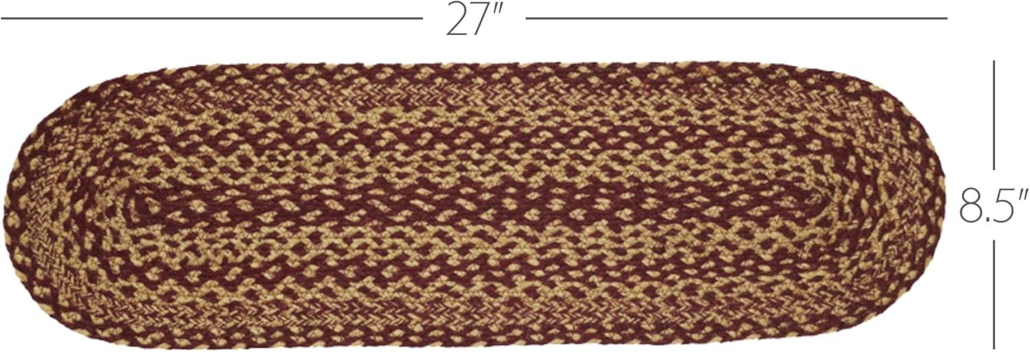 VHC Brands Burgundy Tan Jute Primitive Oval Stair Tread Non Slip Latex Backing, 8.5 x 27"