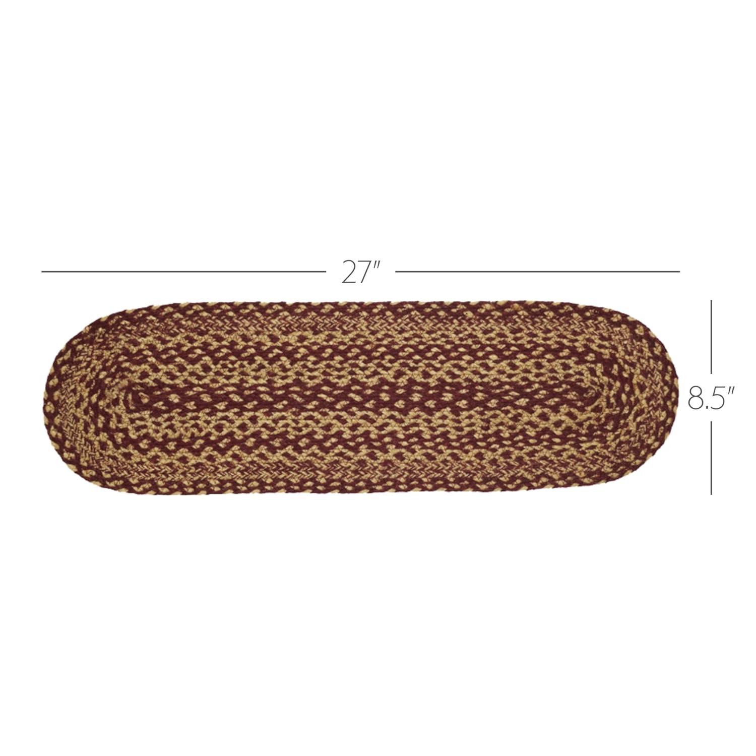 VHC Brands Burgundy Tan Jute Primitive Oval Stair Tread Non Slip Latex Backing, 8.5 x 27"