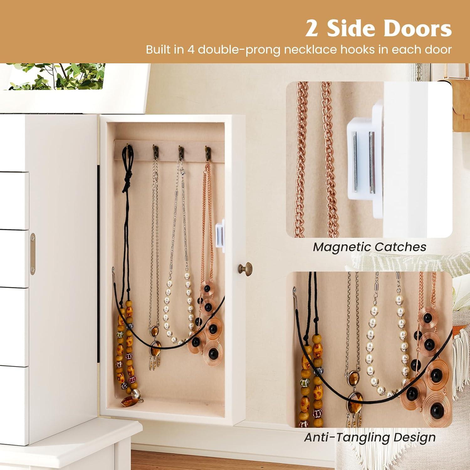 Standing Jewelry Cabinet Armoire with Top Flip Mirror, Jewelry Box Chest with 4 Drawers, Top Compartments, 8 Necklace Hooks and 2 Side Doors, White