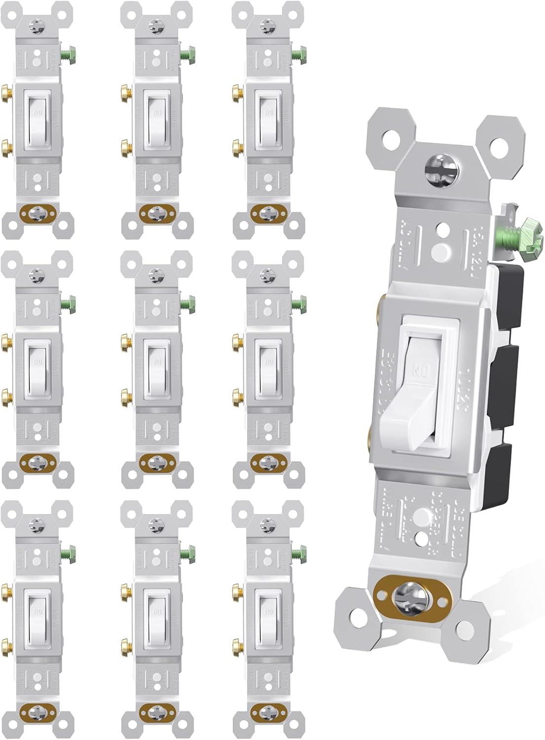 Faith White Toggle Light Switch, Single Pole Standard Wall Switch, 15 Amp Switch Toggle, Grounding Screw, 120V, 10 Pack