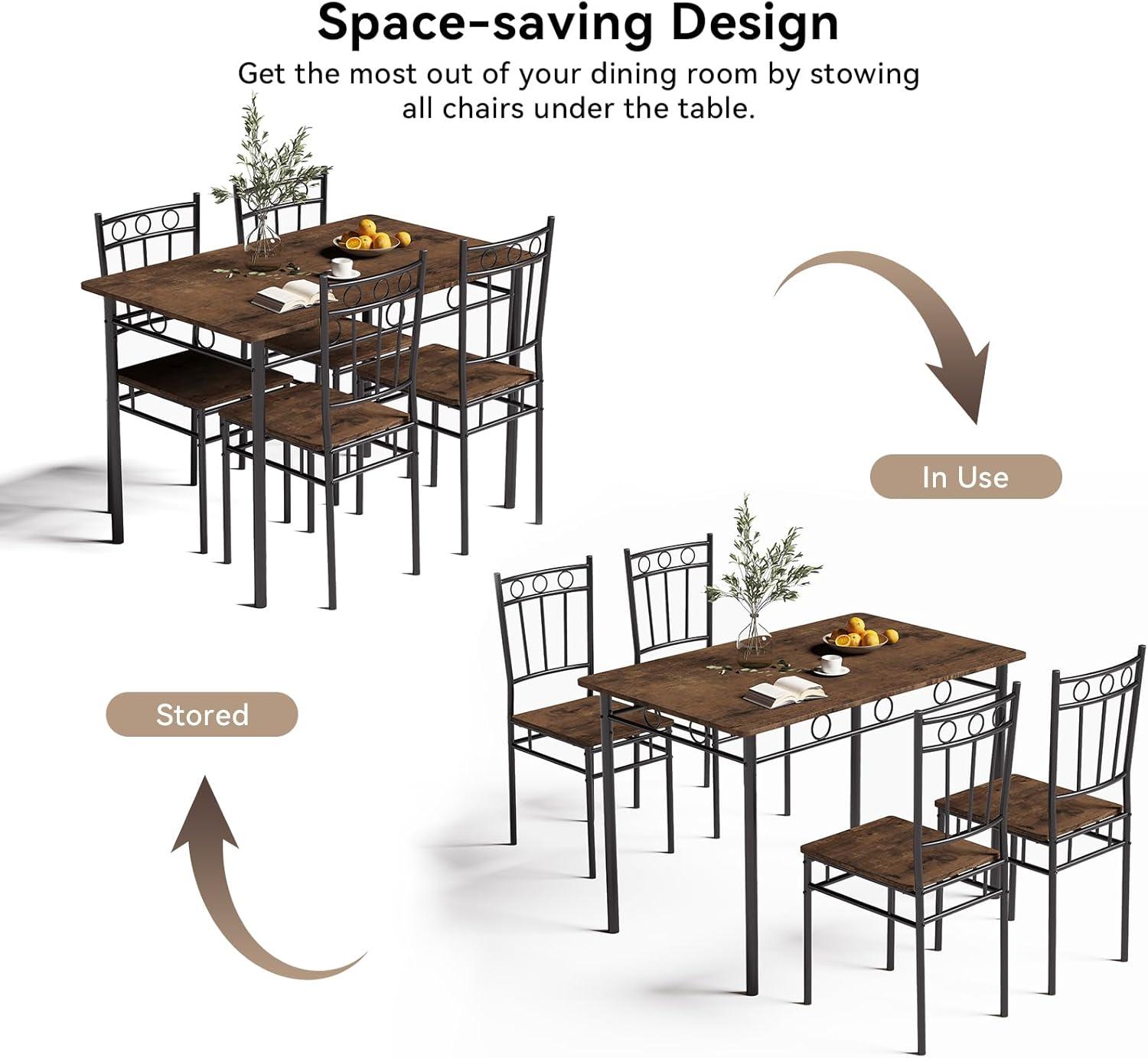 Retro Brown 5-Piece Dining Table Set with Metal Frames