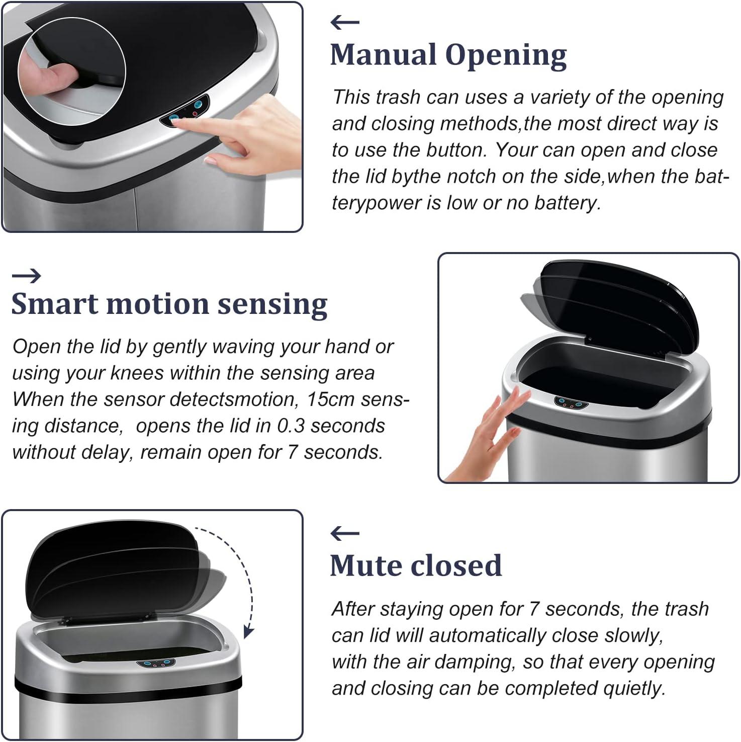 Stainless Steel Kitchen Trash Can - 13 Gallon Automatic Touch Free Garbage Can with Lid, High Capacity Electronic Touchless Sensor Trash Bin, Silver