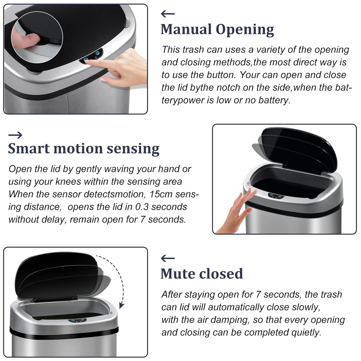 Stainless Steel Kitchen Trash Can - 13 Gallon Automatic Touch Free Garbage Can with Lid, High Capacity Electronic Touchless Sensor Trash Bin, Silver