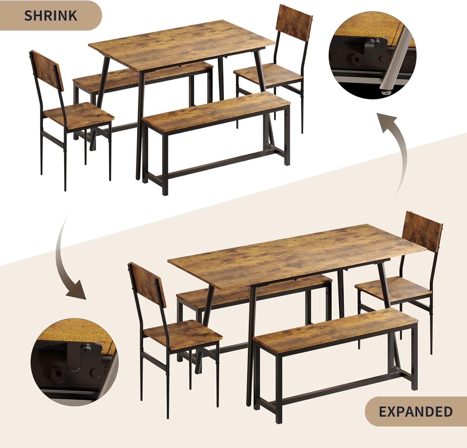 Linor 63" Extendable Dining Table Set for 4-6, 5-Piece Kitchen Table Set with 2 Chairs and 2 Benches, Dining Desk and Chairs for Home, Apartment, Rustic Brown