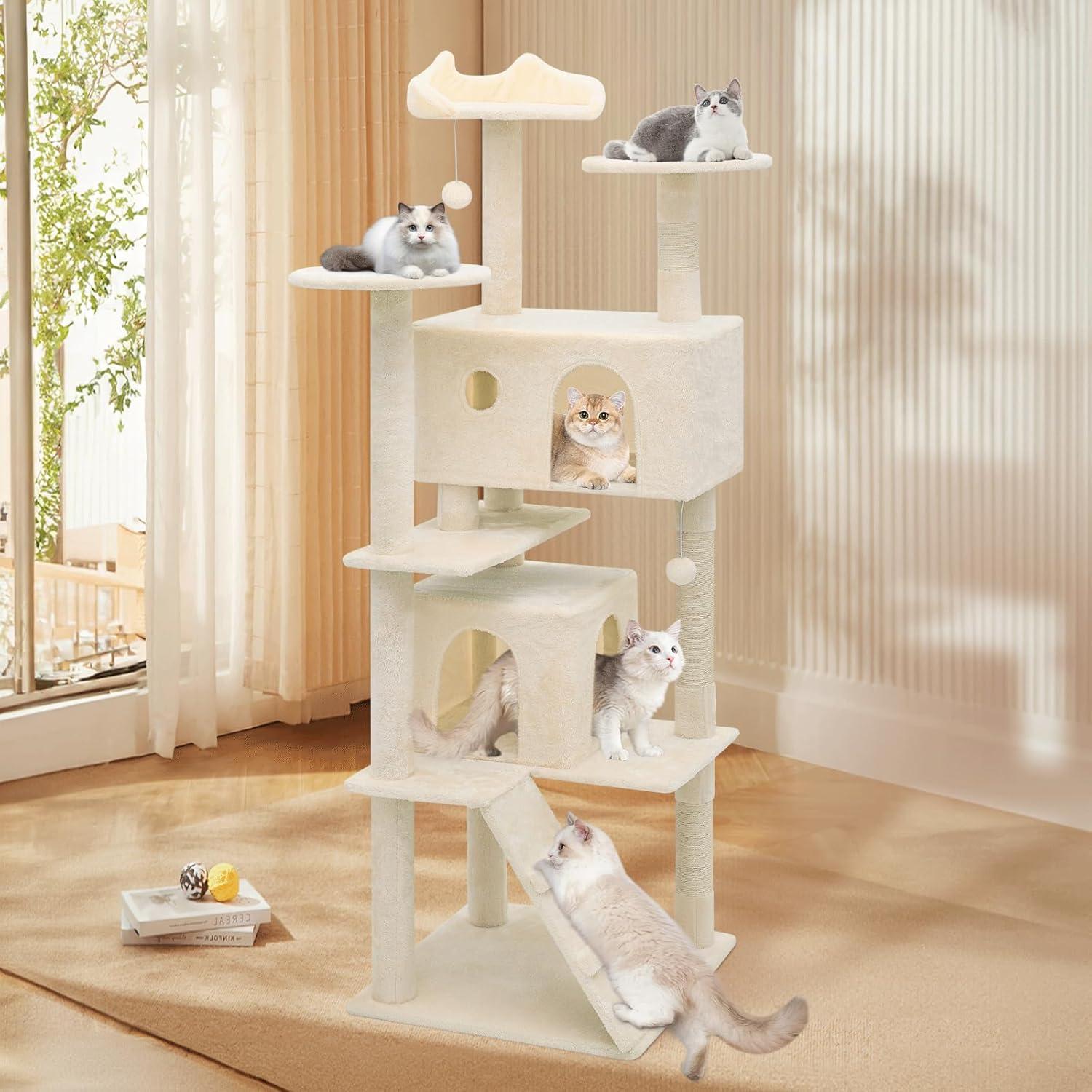 MoNiBloom Cat Tree Houses for Indoors, Multi-Level Cat Tree Tower, 70" Height（Beige）
