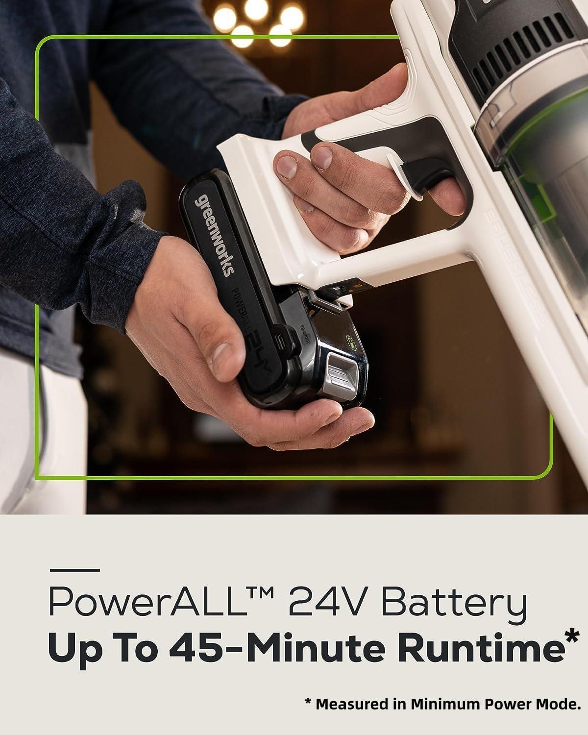 Greenworks 24V Brushless Cordless Stick Vacuum, Lightweight, Handheld, Pet, Anti-Allergen HEPA Filtration, Hard Floor, Carpet, Car, 4Ah Battery, and 30-Minute Charge Time (White)