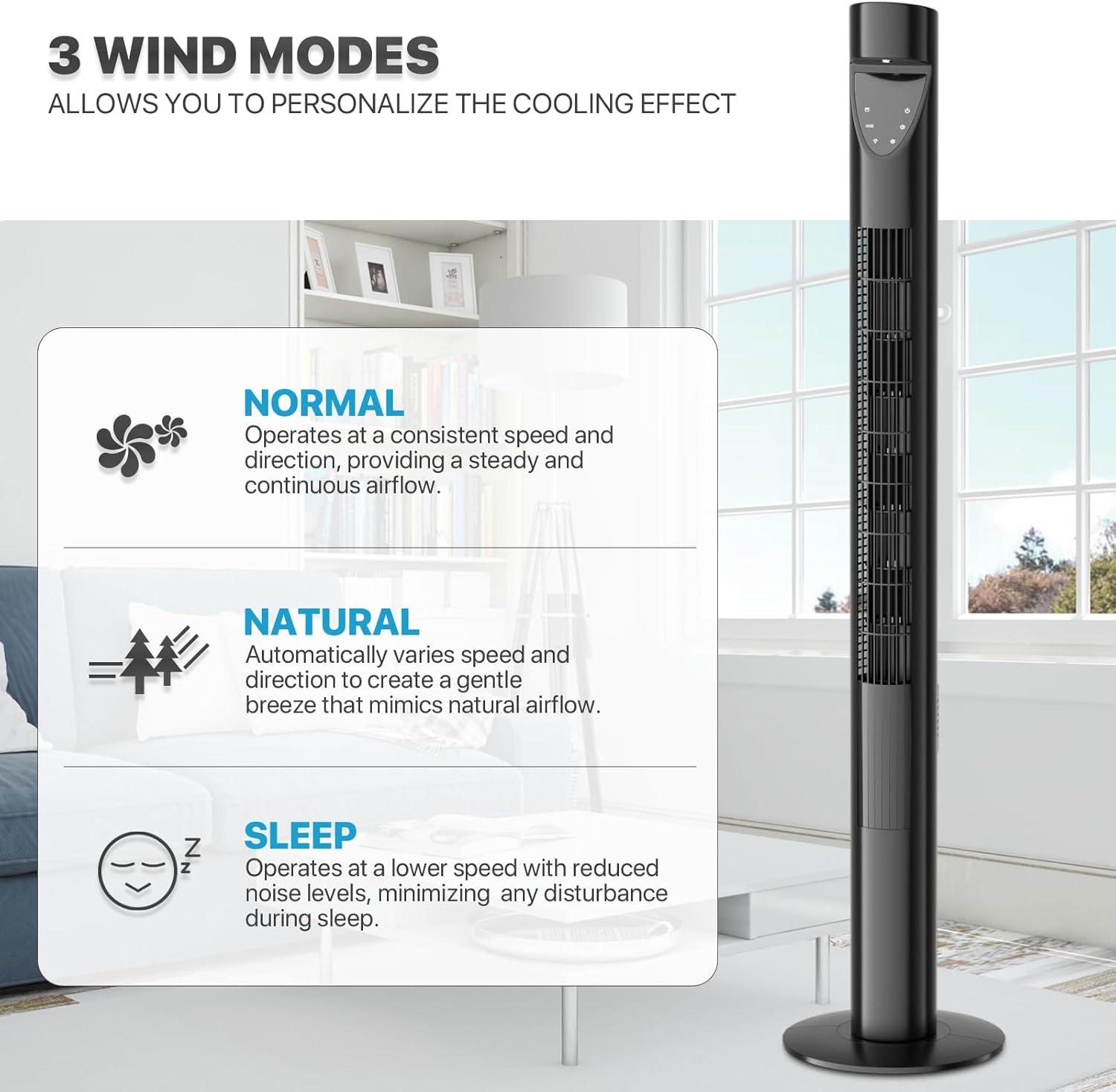 mollie 47" Tower Fan, 70° Oscillating Cooling Fan, Floor Fan with Remote, LED Display, 3 Speeds, 3 Modes, 12H Timer, Portable Bladeless Standing Fan for Home Office, Black