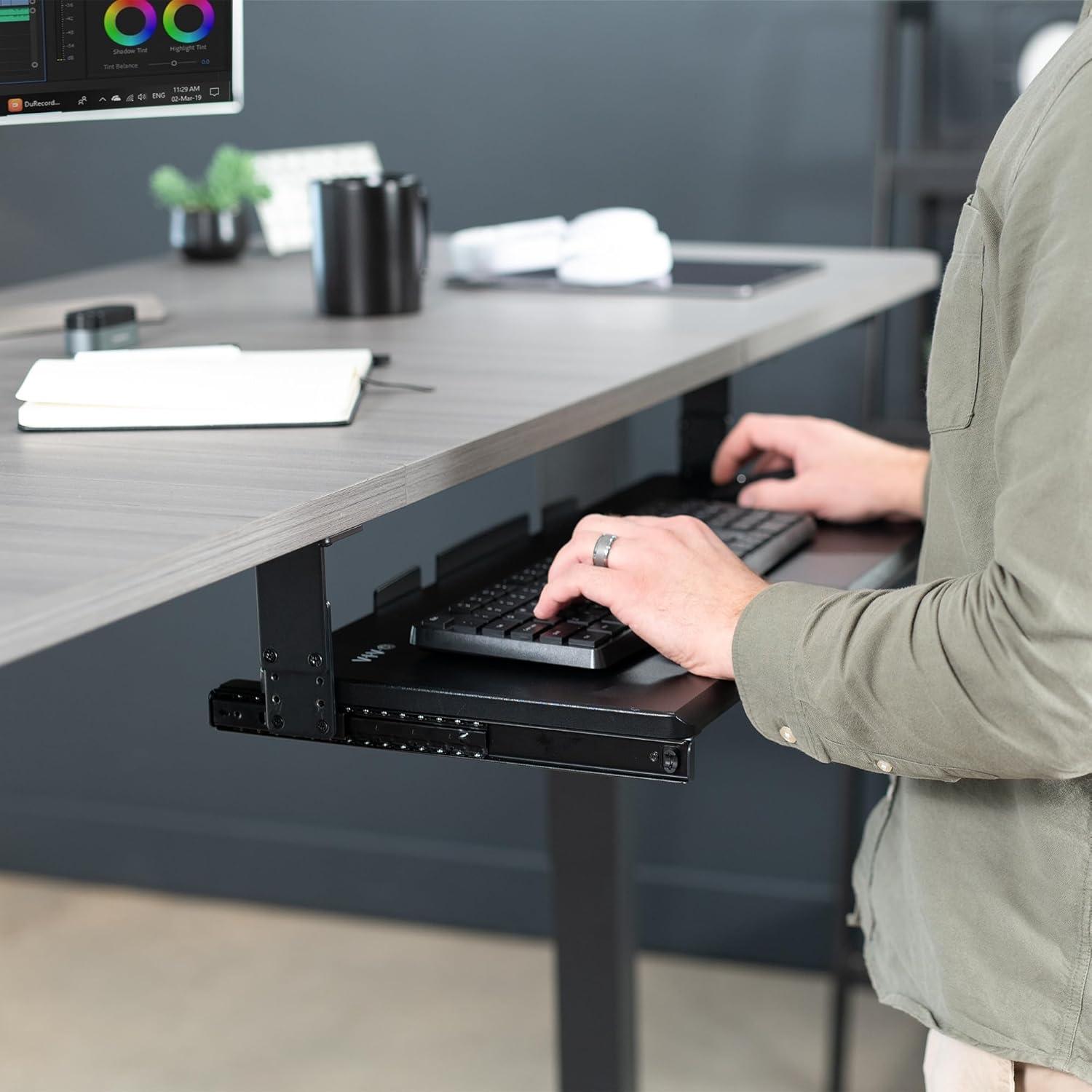 Black Adjustable Under Desk Keyboard Tray with Sliding Drawer