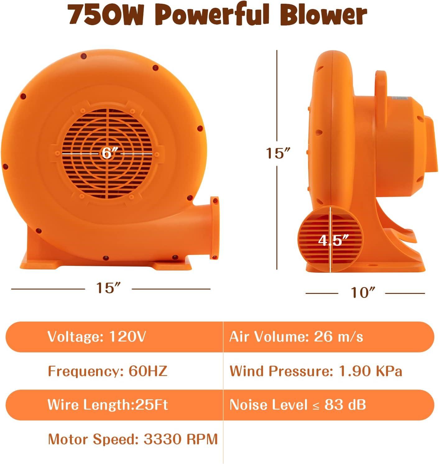 Costzon Air Blower, 1.0HP Blower for Bounce House with 25FT SJTW Wire & Stakes, GFCI Plug, ETL, 750W, Perfect for Inflatable Bouncer Blower Orange, IPX4 Air Blower for Inflatables