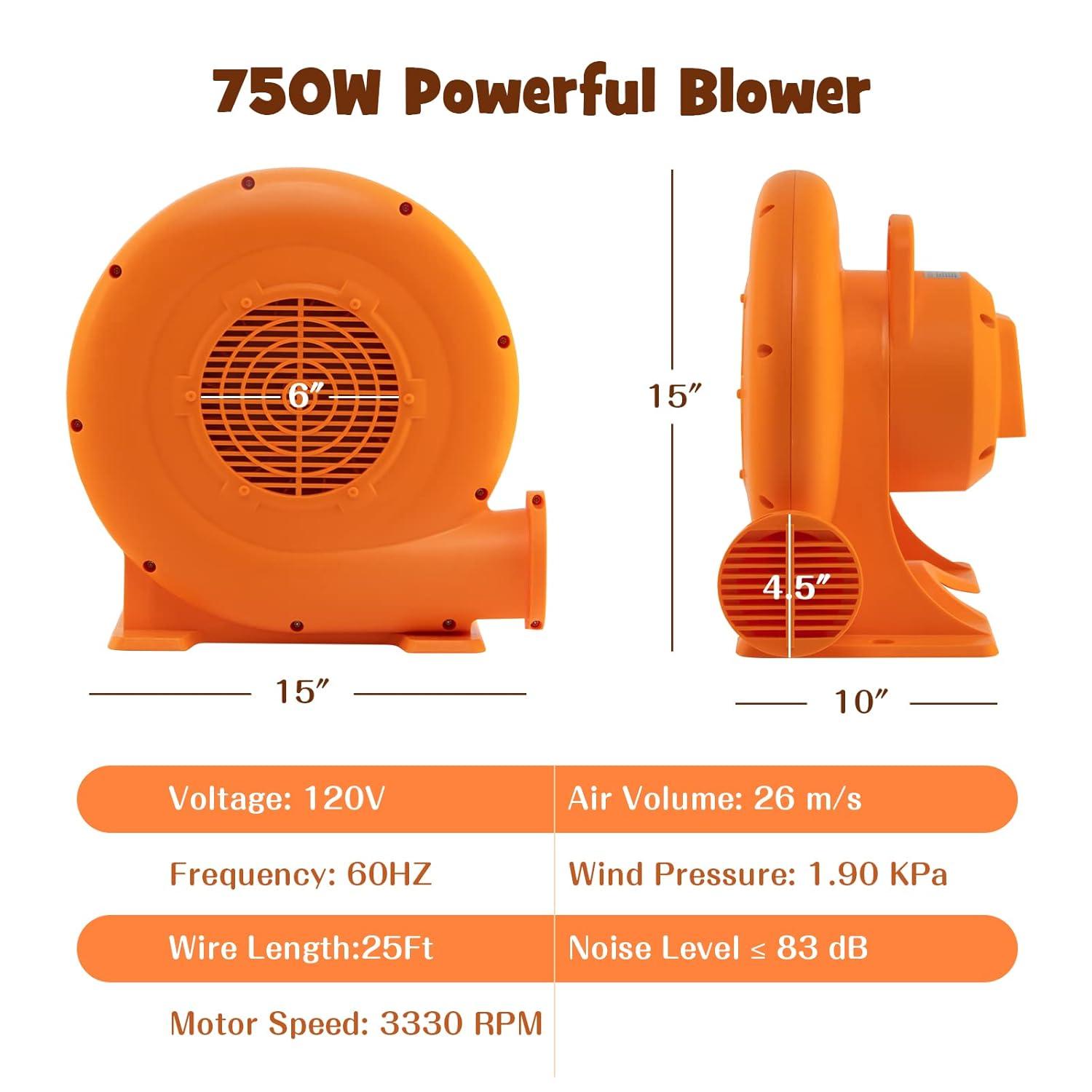 Costzon Air Blower, 1.0HP Blower for Bounce House with 25FT SJTW Wire & Stakes, GFCI Plug, ETL, 750W, Perfect for Inflatable Bouncer Blower Orange, IPX4 Air Blower for Inflatables