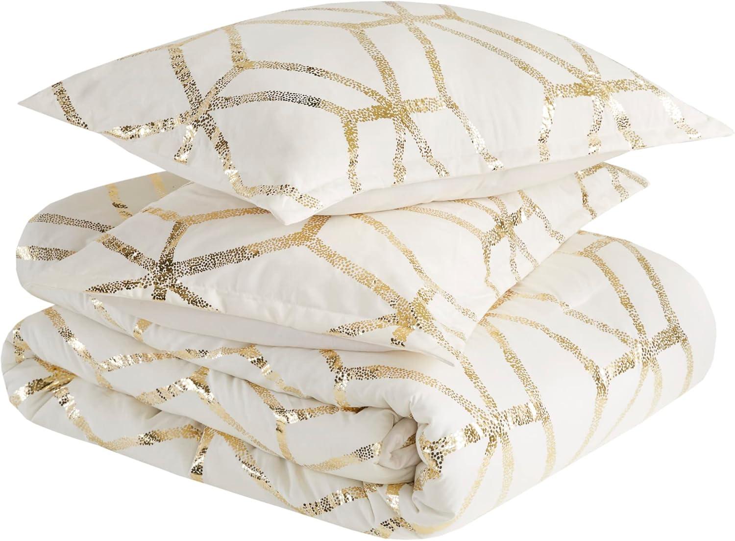 Comfort Spaces Full/Queen Size Comforter Sets, 4-Piece Bedding Set for All Season, Ivory and Gold Comforter Bed Set, Geometric Metallic