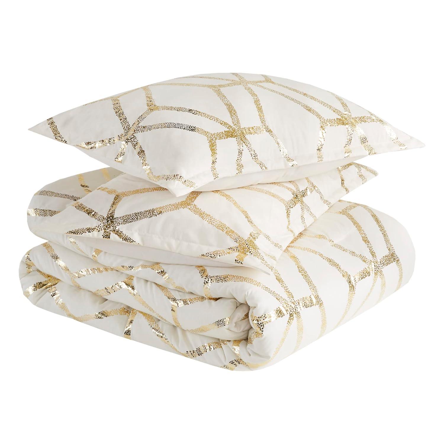 Comfort Spaces Full/Queen Size Comforter Sets, 4-Piece Bedding Set for All Season, Ivory and Gold Comforter Bed Set, Geometric Metallic