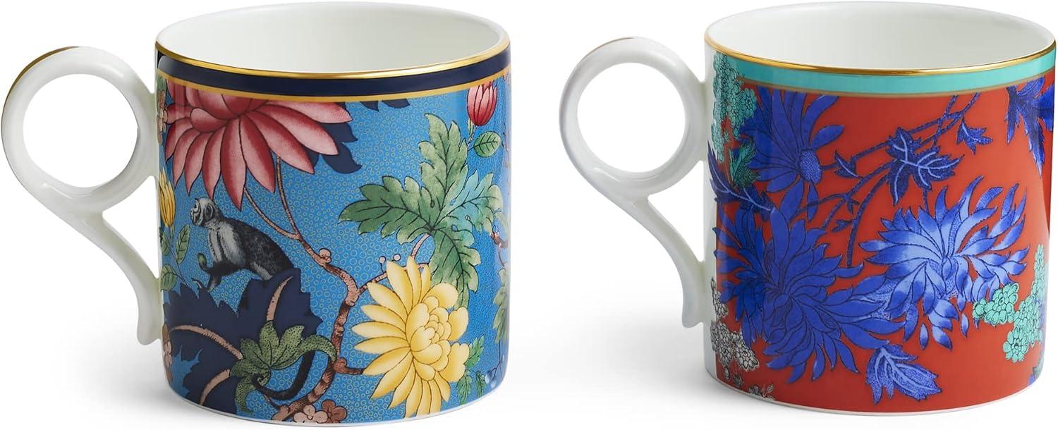 Maximalist Blue and Red Ceramic Mug Set with Animal and Floral Print