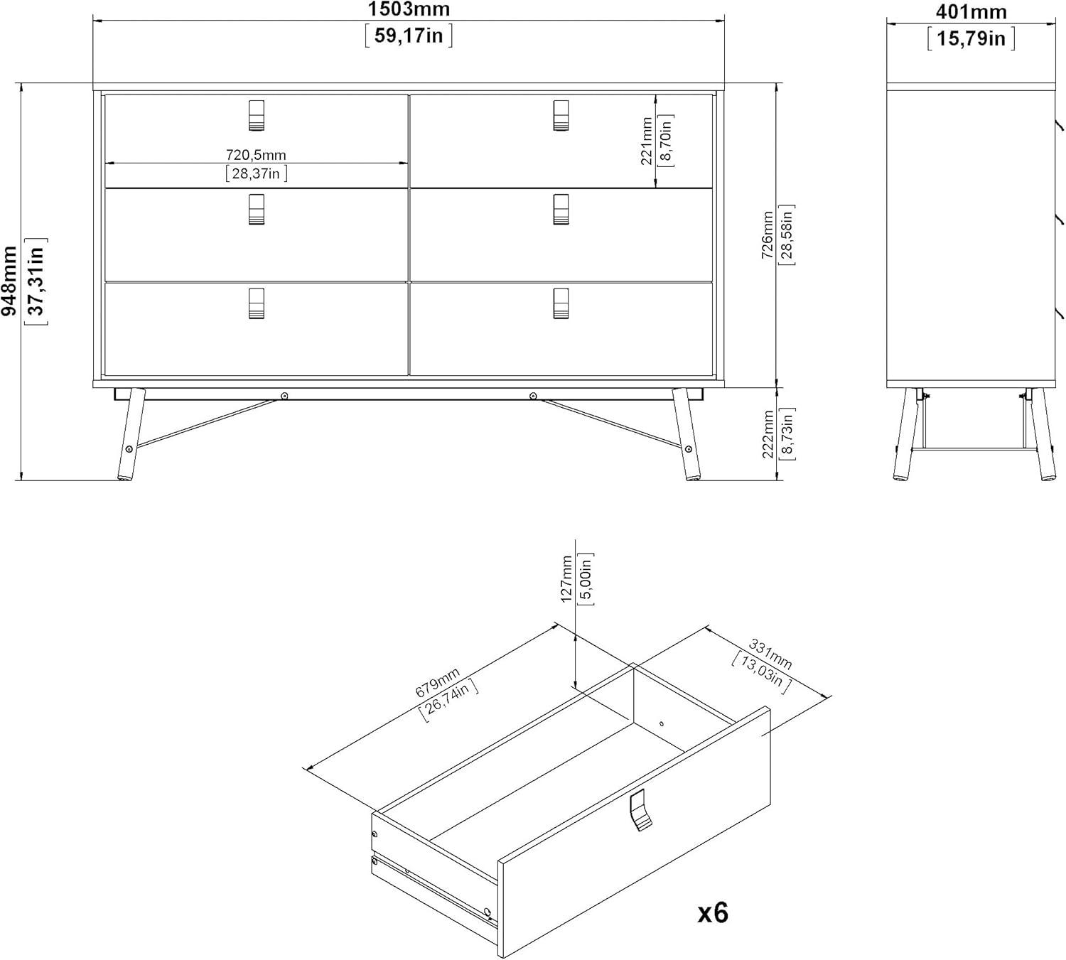 Scandinavian Ry 59'' Matte Black & White Double Dresser with Solid Wood Legs