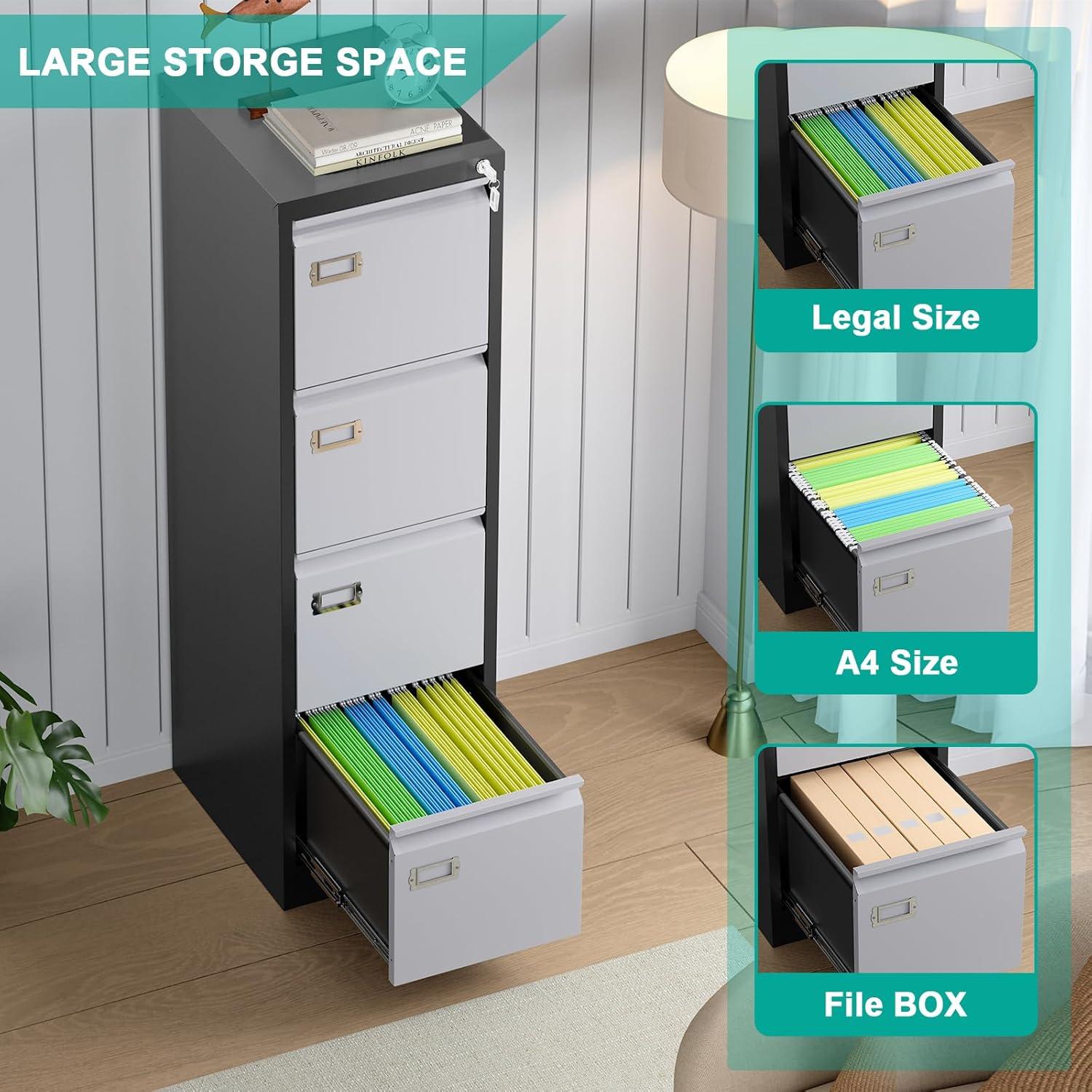 Black and Grey 4-Drawer Lockable Metal Filing Cabinet