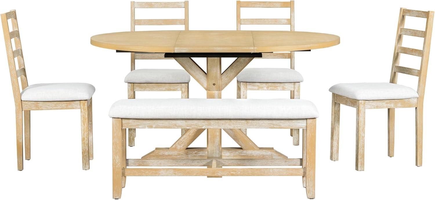 Natural Wood Extendable Pedestal Dining Set with Upholstered Chairs and Bench