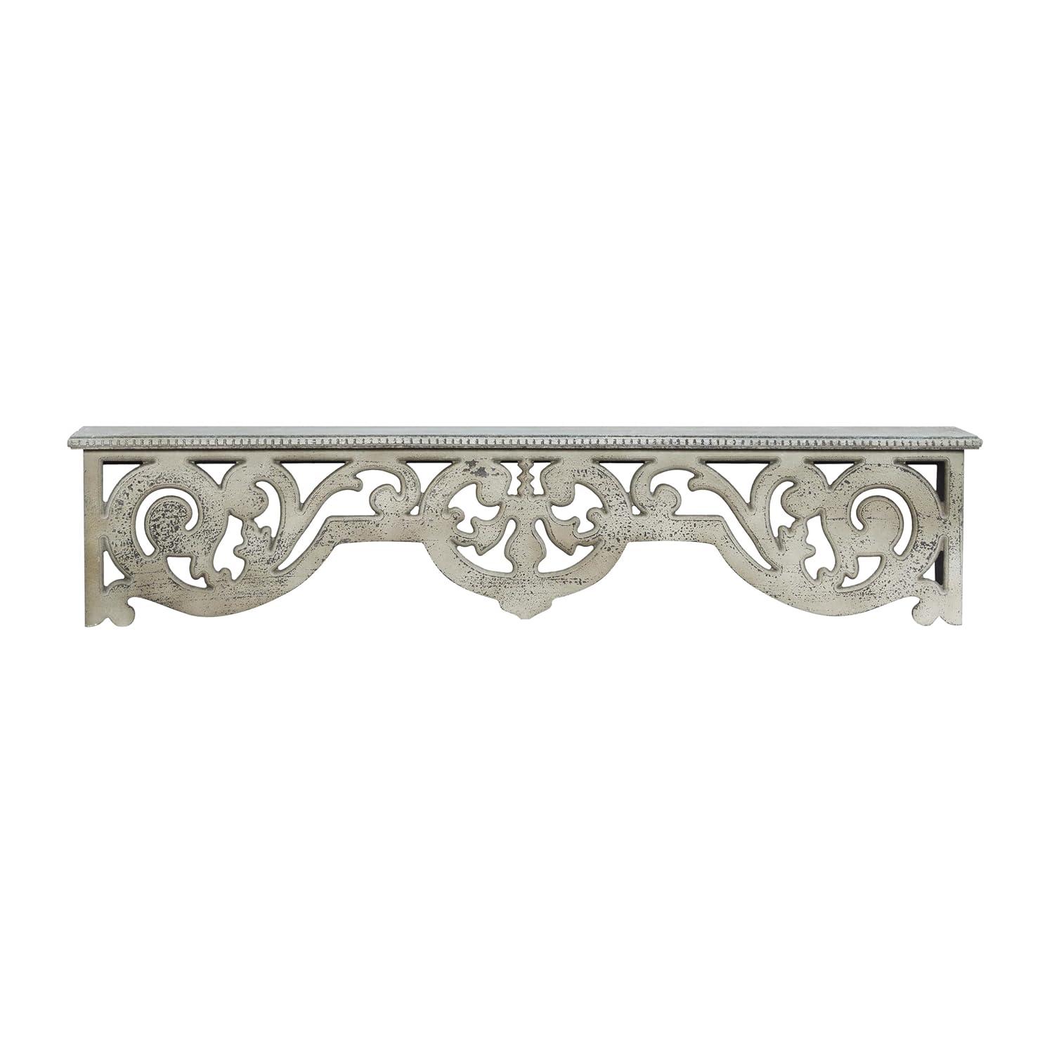 DecMode 48" x 8" 1-Tier Beige Scroll Wall Shelf with Gray Distressing