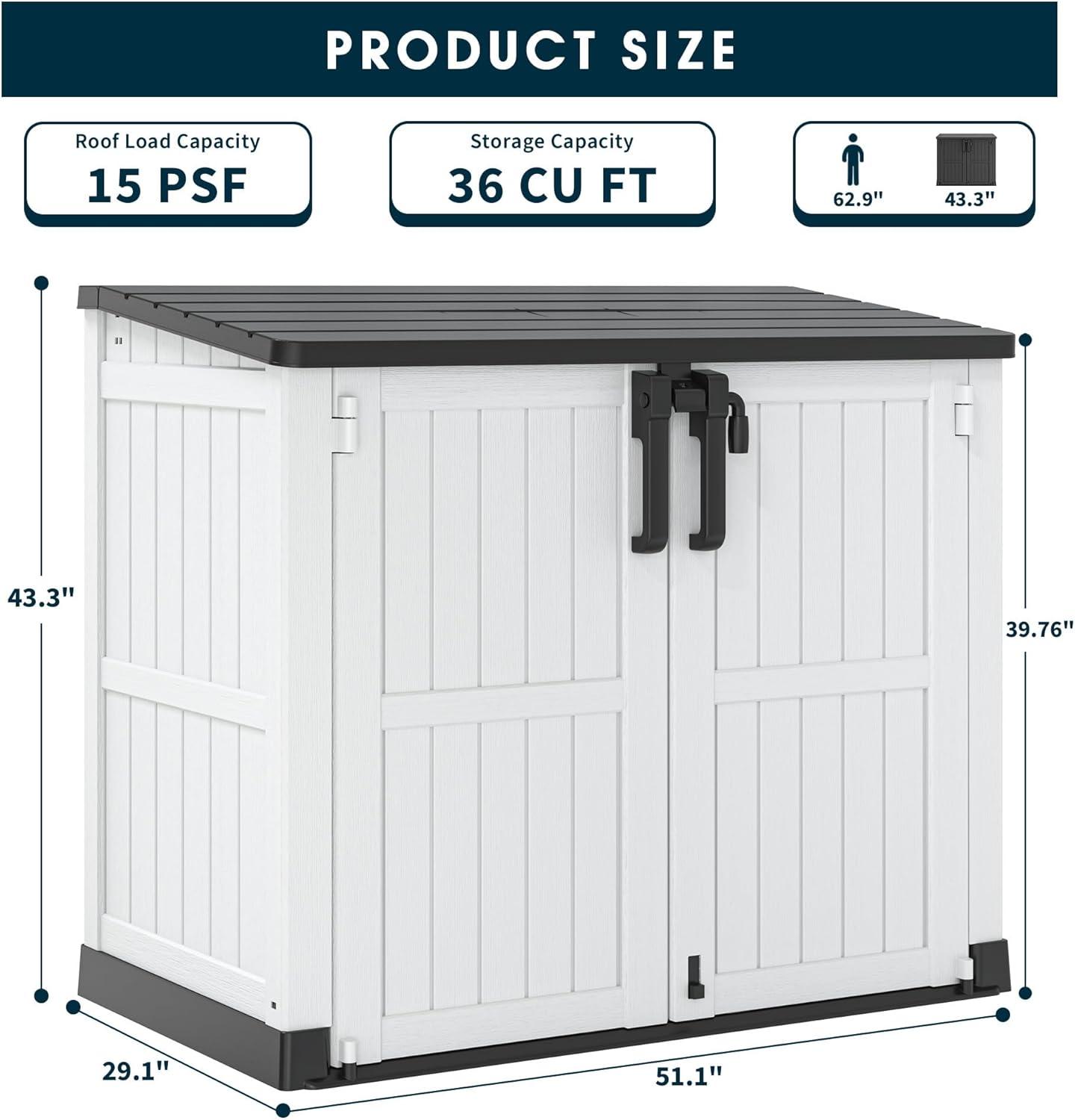 Outdoor Storage Shed 36 Cu. Ft.Horizontal Garden Storage Extra Large Capacity Weather Resistant Storage Box, Lockable Resin Waterproof Shed for Easy Storage of Garbage Cans, Tools, Lawn Mower