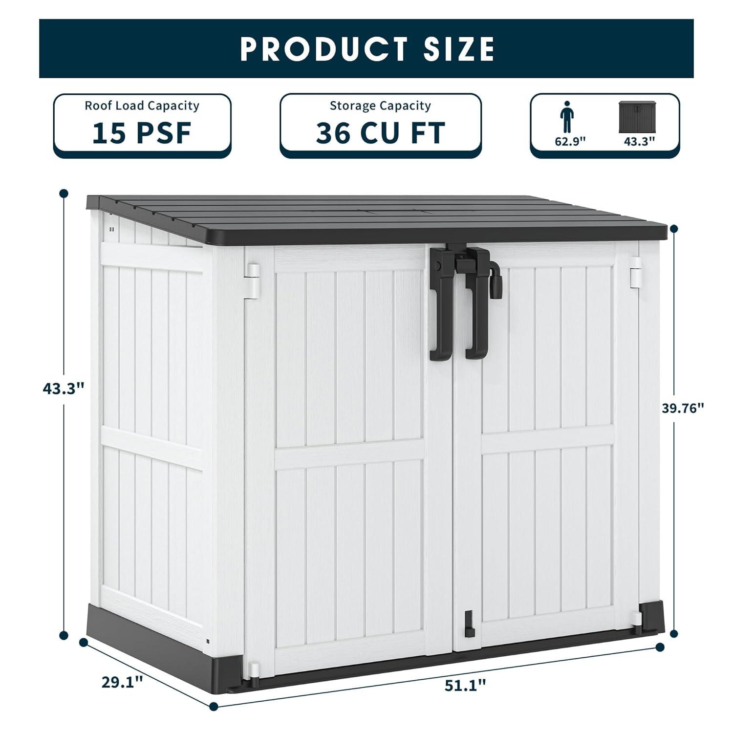 Outdoor Storage Shed 36 Cu. Ft.Horizontal Garden Storage Extra Large Capacity Weather Resistant Storage Box, Lockable Resin Waterproof Shed for Easy Storage of Garbage Cans, Tools, Lawn Mower