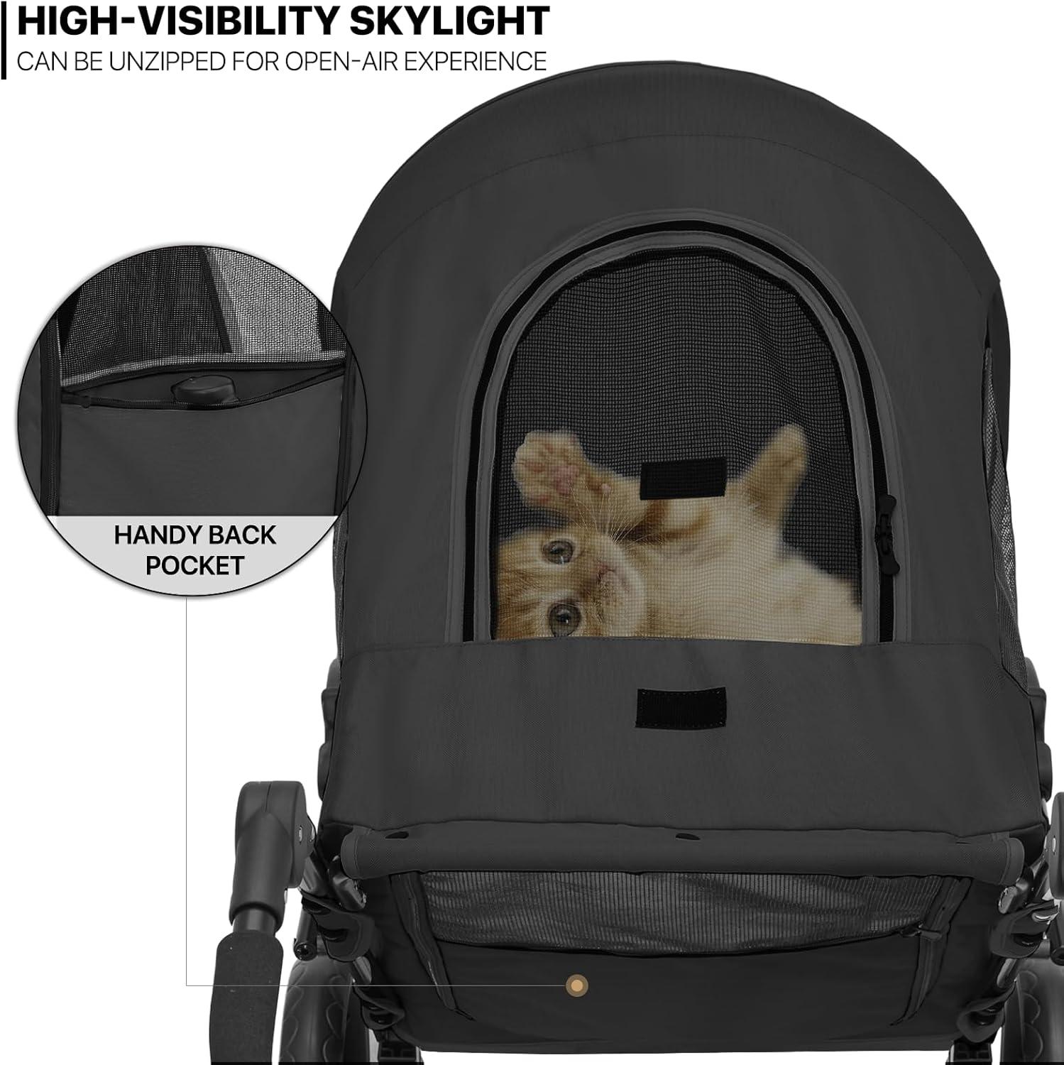 Folding 3 Wheel Pet Stroller, Foldable Dog Jogger Stroller with Adjustable Handlebar and Mesh Window
