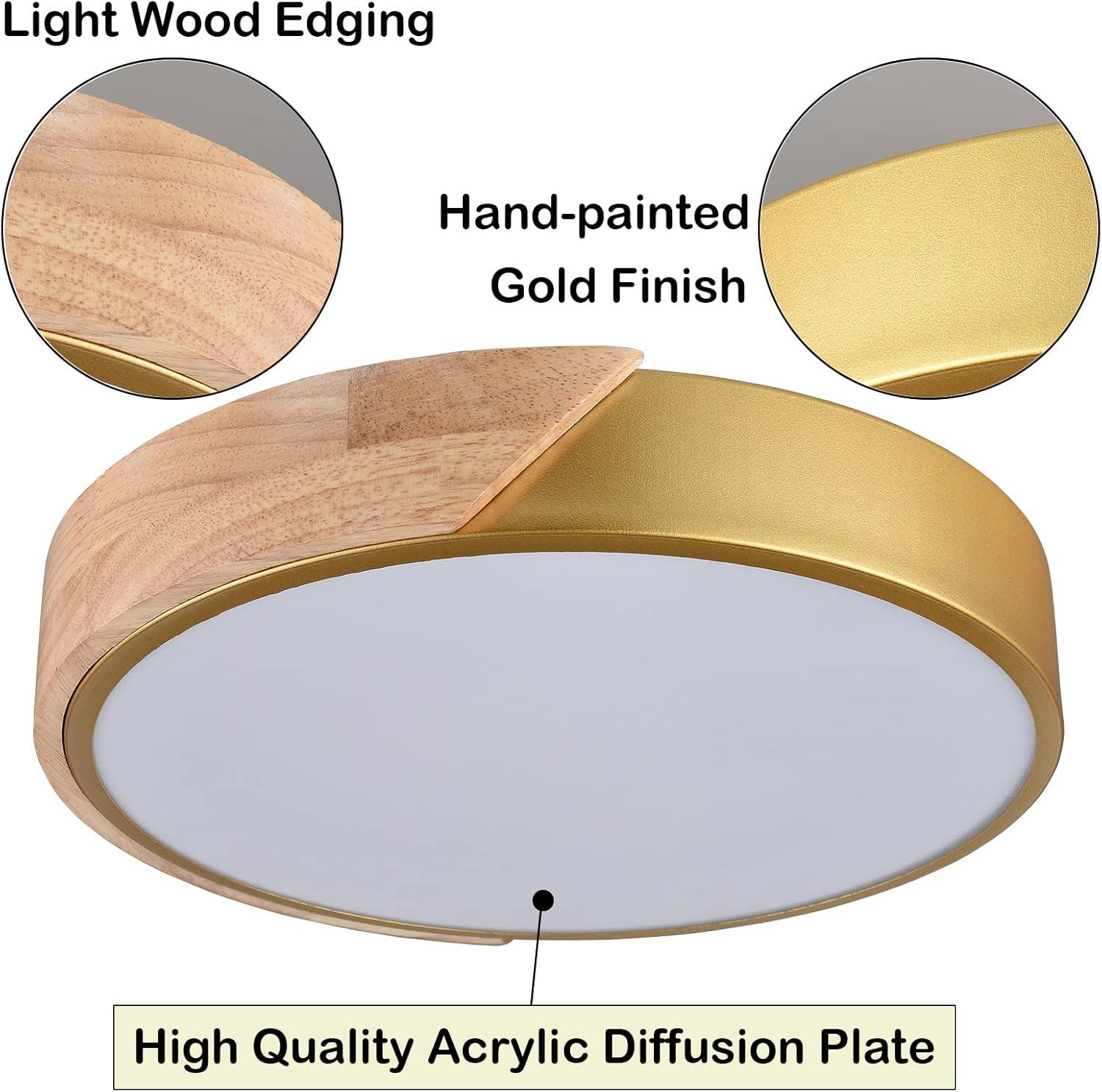 Claxy 12" Gold and Wood LED Flush Mount Ceiling Light 2 Pack