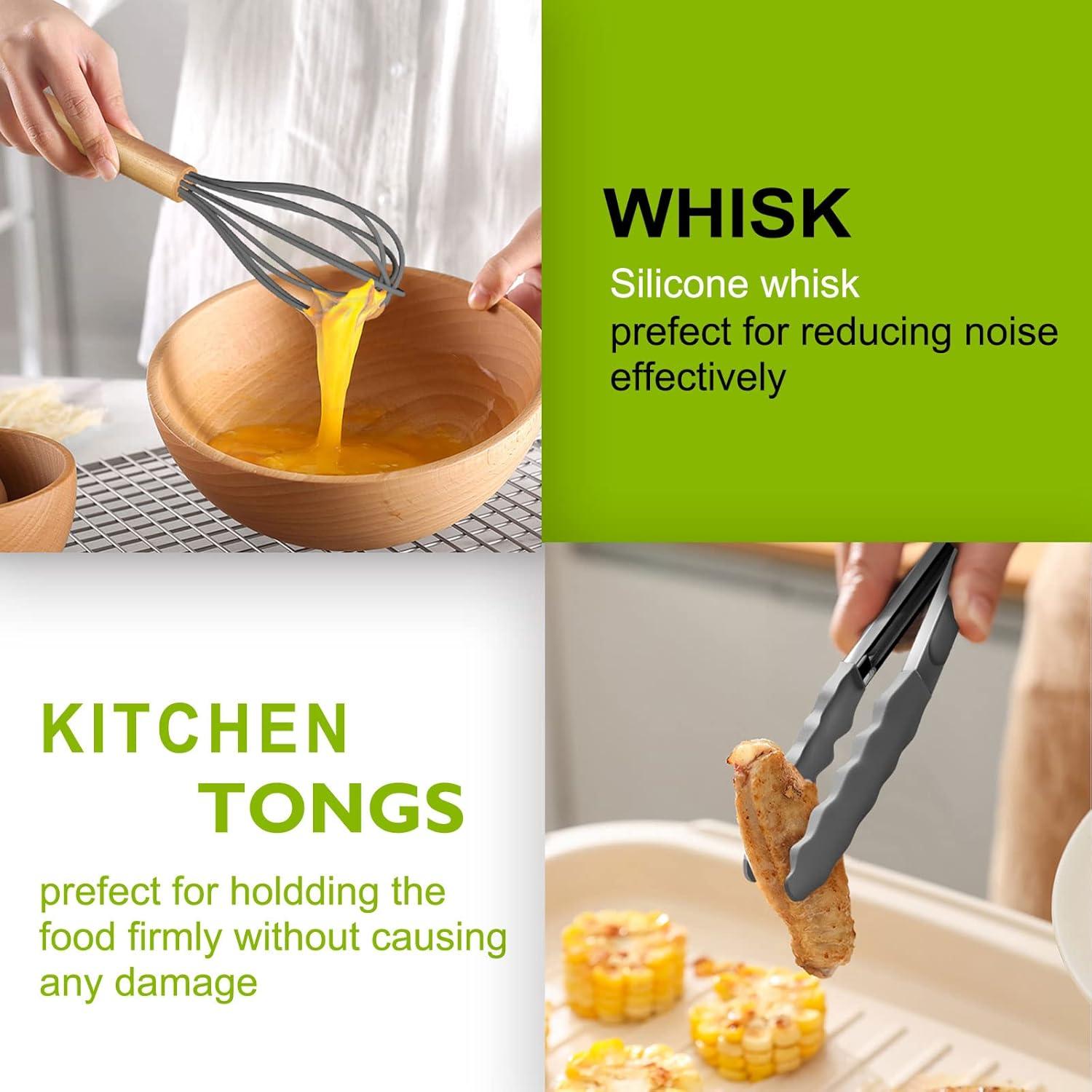 Silicone Kitchen Cooking Utensils Sets with Holder,Nonstick Heat Resistant,Wooden Handle,Black