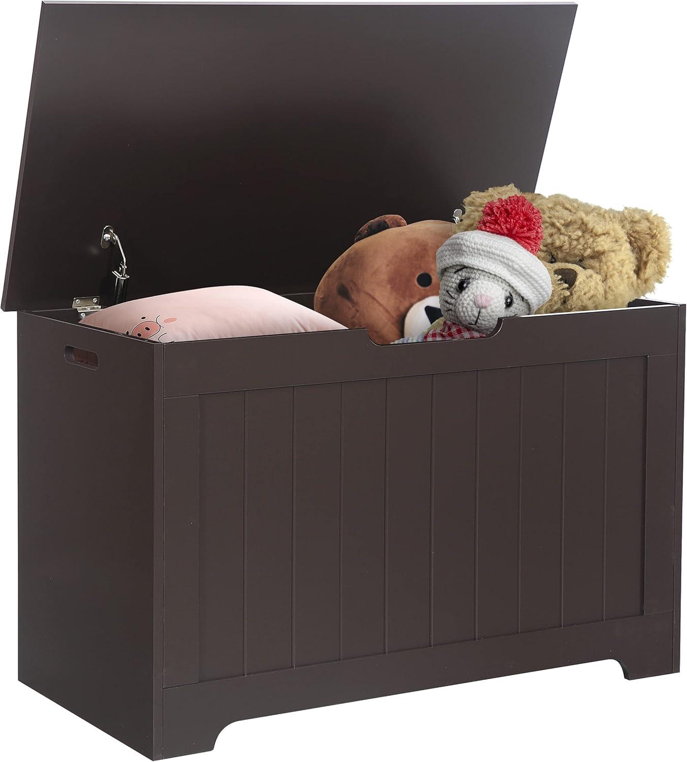 Toy Chest for Girls Boys Wooden Storage Box with Flip-top Lid & Safety Hinge, Kids Room Play Room Nursery Organizer, Bedroom Bench with 100L Storing Area, Brown