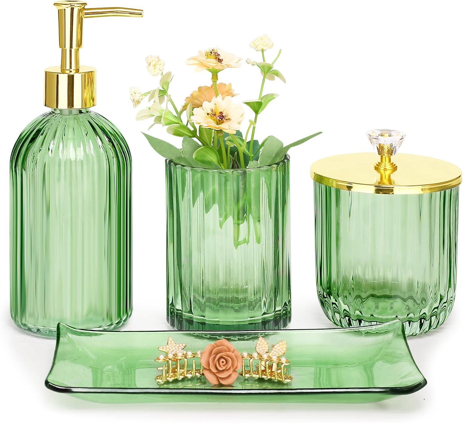 Green Glass Bathroom Accessories Set with Gold Accents, 4 Pieces