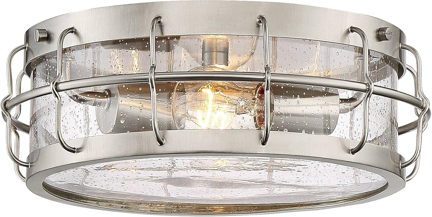 Possini Euro Design Aya Modern Industrial Ceiling Light Flush Mount Fixture 13 1/4" Wide Satin Nickel 2-Light Cage Clear Seeded Glass for Bedroom Home