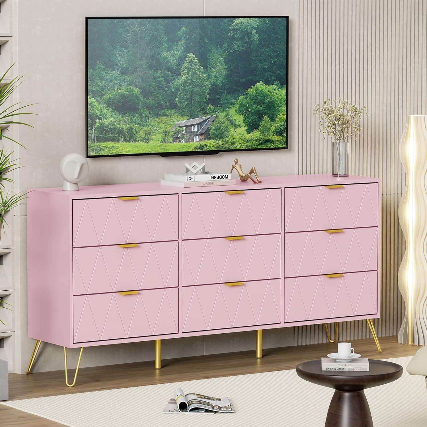 Pink Geometric 9-Drawer Dresser with Gold Accents