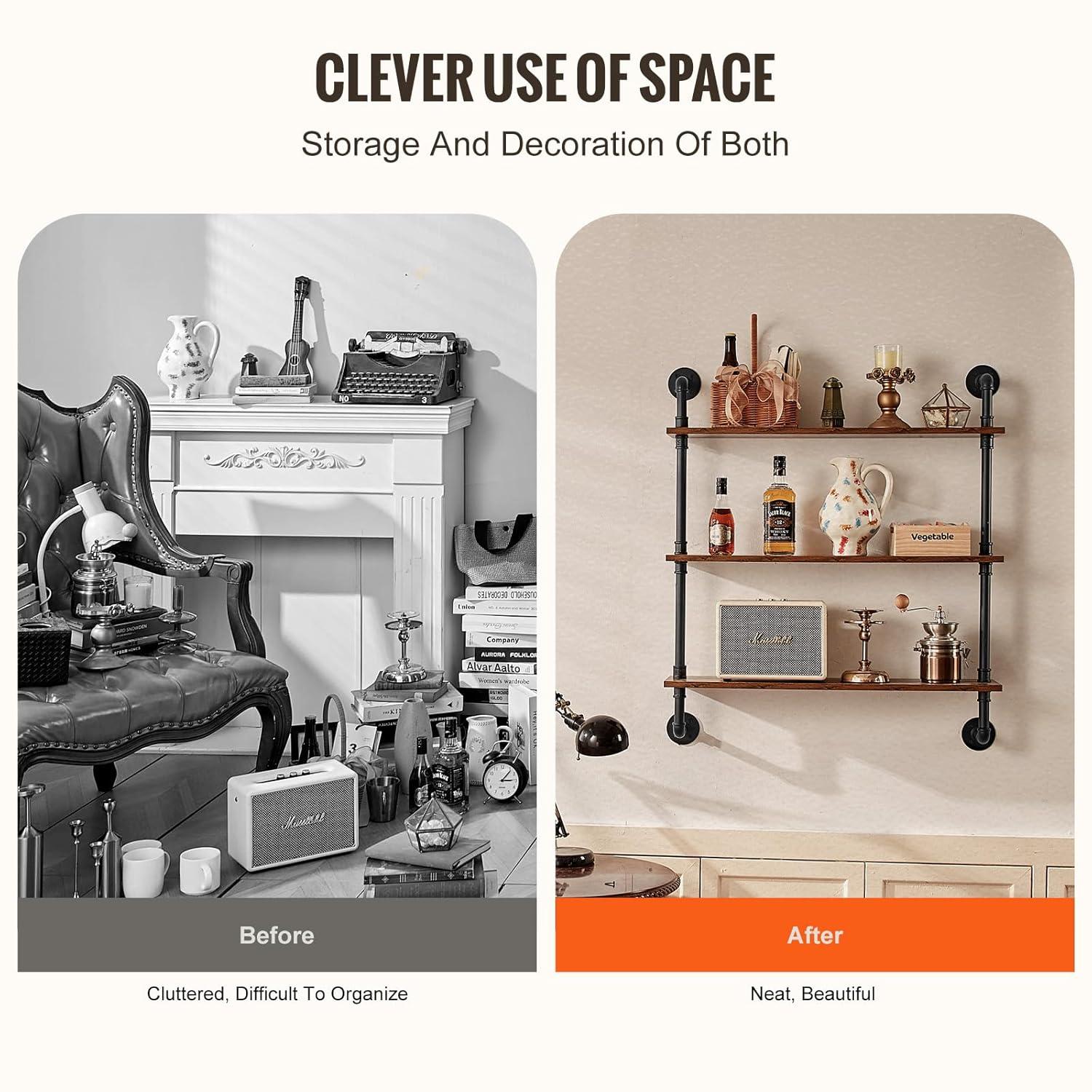 VEVOR Industrial Pipe Shelf, 3 Tier 32x9.84in, Wall-Mount Floating Rustic Wood Shelves Bracket Display Bookshelf, Storage Rack Sundries Holder for Kitchen Bedroom Bathroom Living Room, Black