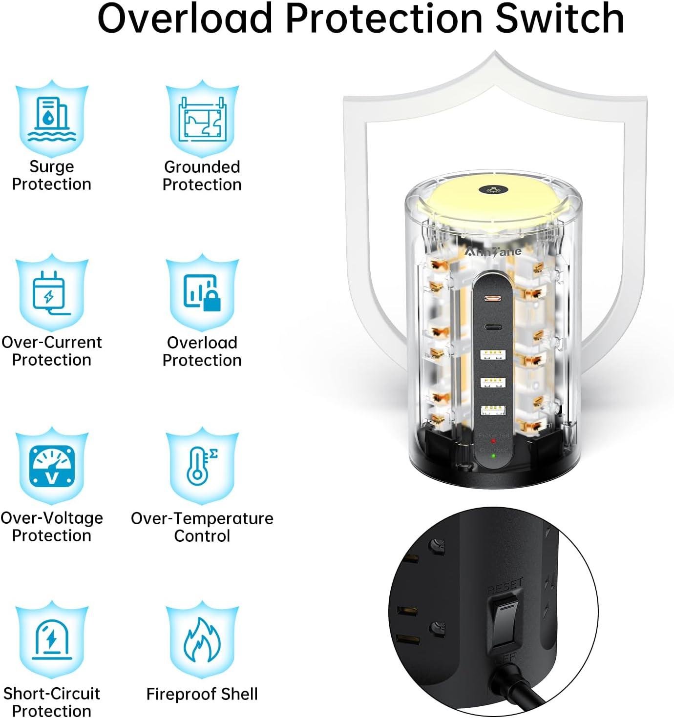 Power Strip Tower with Night Light, Power Strip Surge Protector with USB Ports, Extension Cord 10 FT with Multiple Outlets (12AC+3A+2C) for Home Office Desk DormRoom (Black)