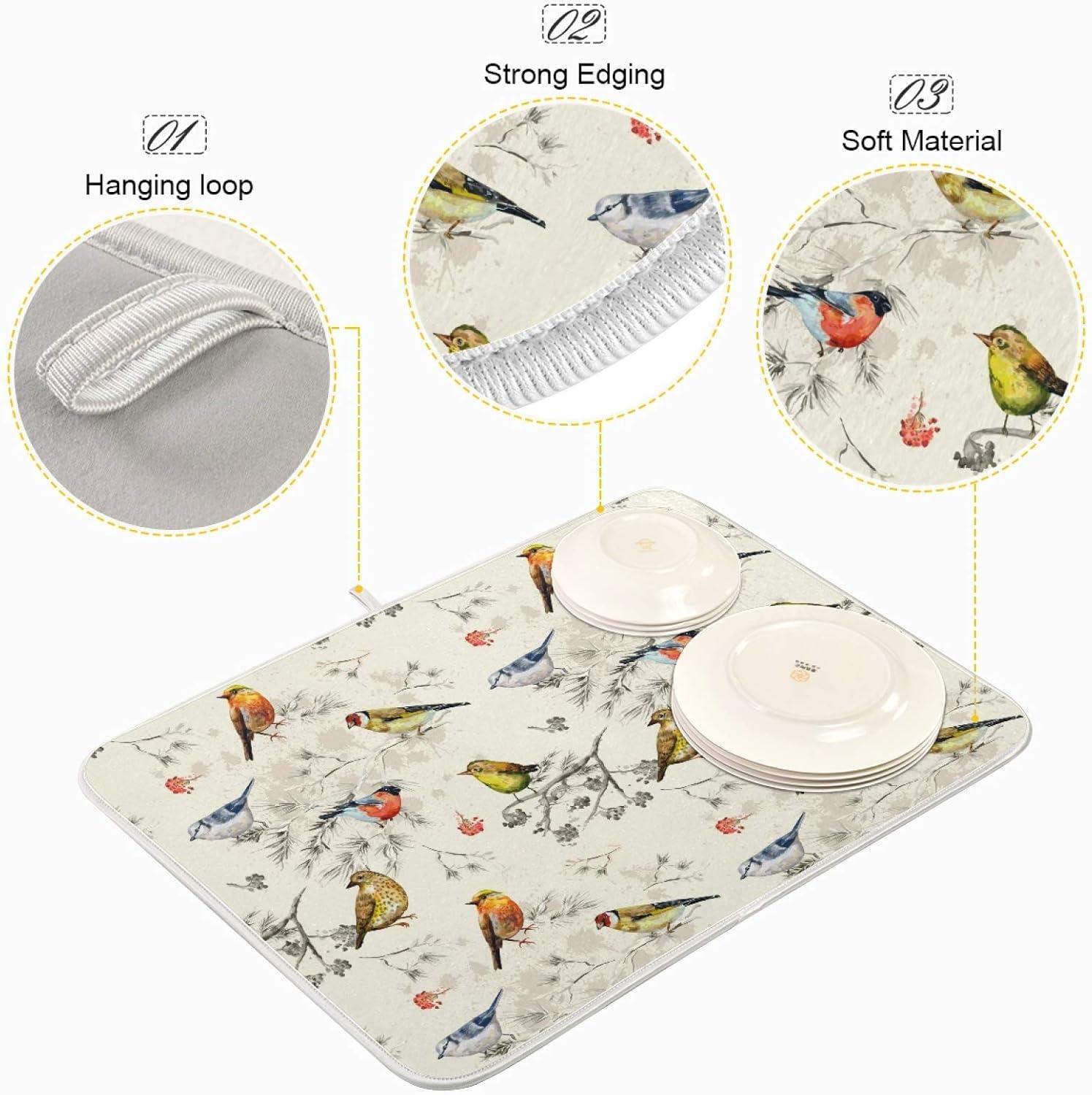 Dish Drying Mat Kitchen Counter Colorful Birds Dishes Drainer Pad Absorbent Microfiber Reversible 16"x18"