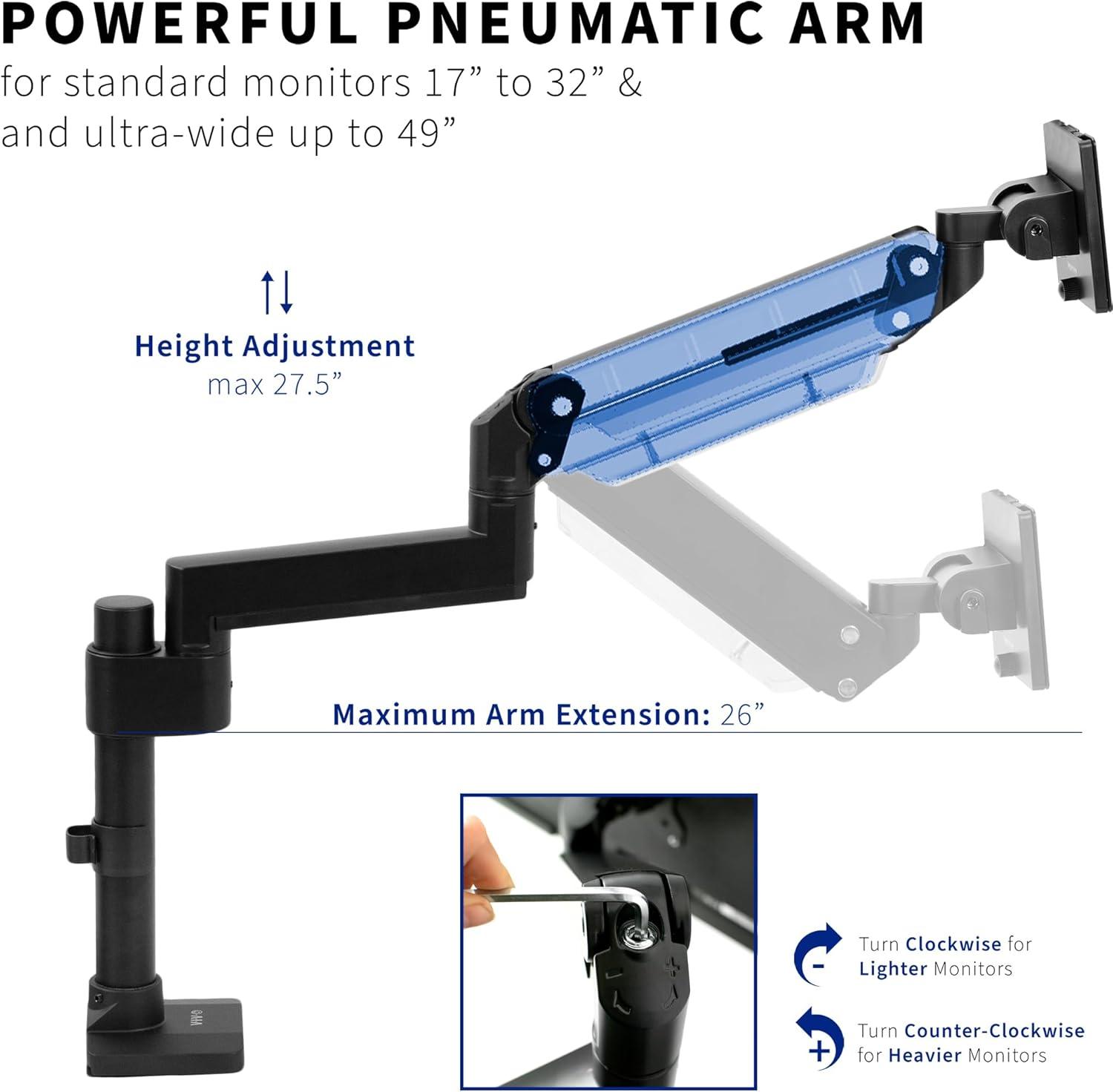 Black Aluminum Single Monitor Desk Mount with Pneumatic Arm