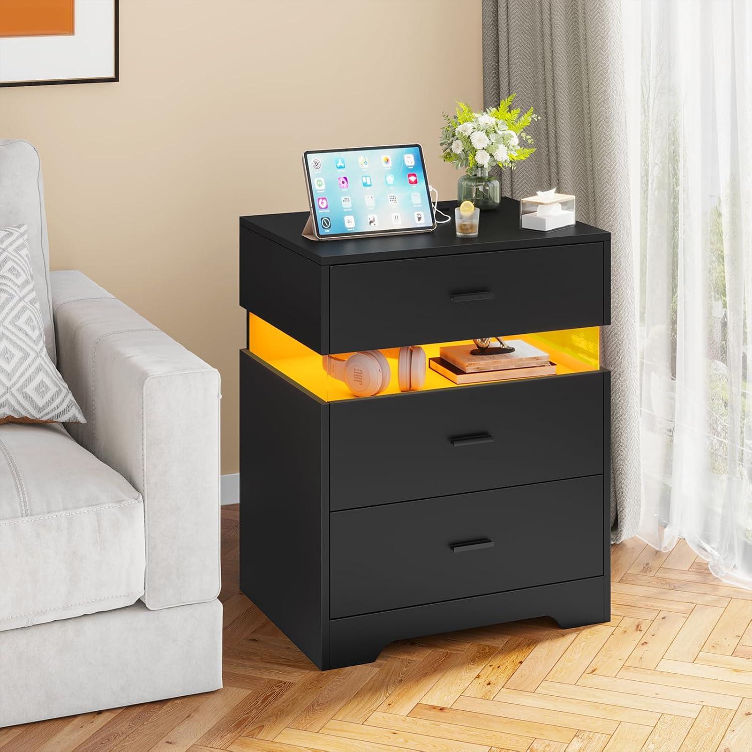 Nightstand with Acrylic LED Light, End Side Table with Charging Station and 3 Drawers, Bedside Table for Bedroom, Black