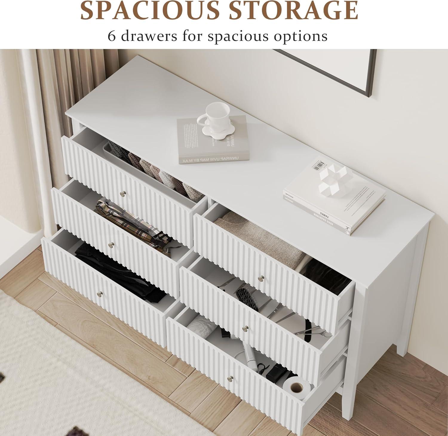 RoyalCraft White Fluted 6 Drawer Dresser for Bedroom, Modern Chest of Drawers, Wood Dresser for Storage Clothes, Wooden Storage Cabinet for Bedroom, Hallway, Living Room, Entryway