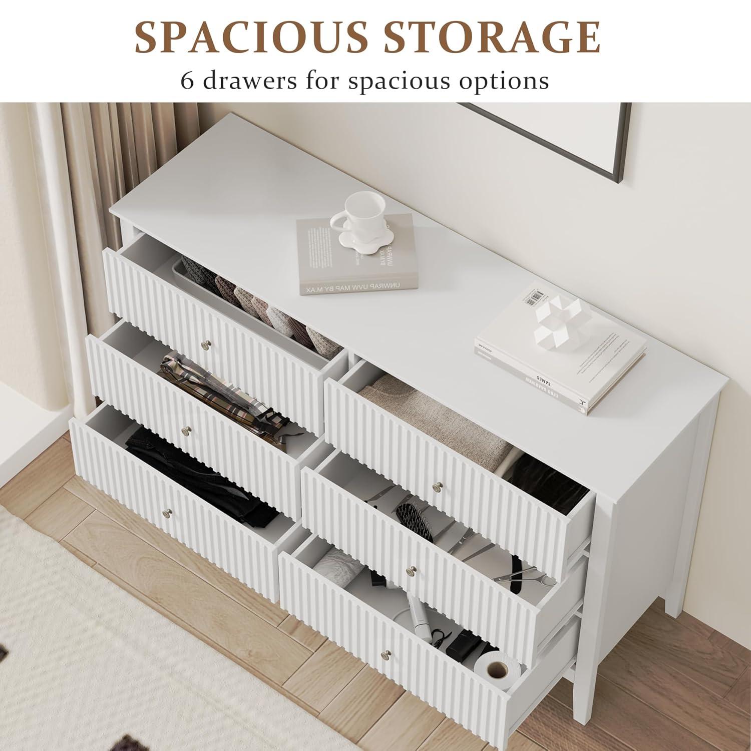RoyalCraft White Fluted 6 Drawer Dresser for Bedroom, Modern Chest of Drawers, Wood Dresser for Storage Clothes, Wooden Storage Cabinet for Bedroom, Hallway, Living Room, Entryway