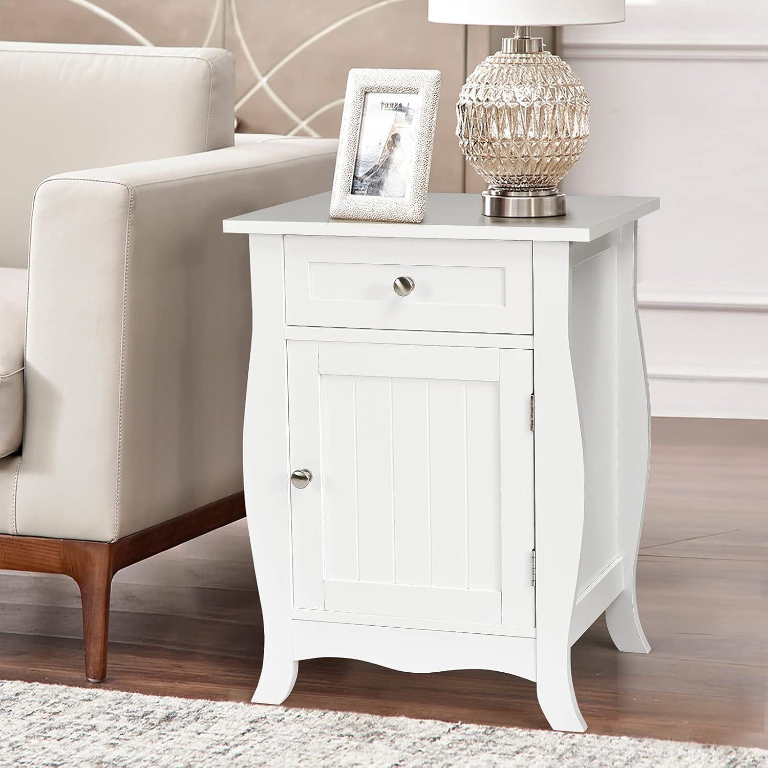 Costway Accent End Table with Drawer Storage Cabinet Wooden Nightstand White