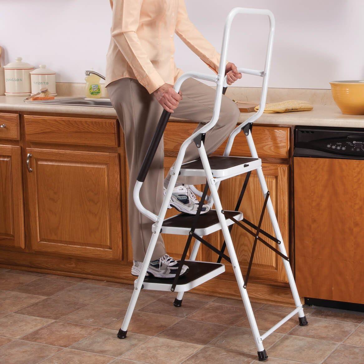 Three-Tier White and Black Metal Step Ladder with Handles