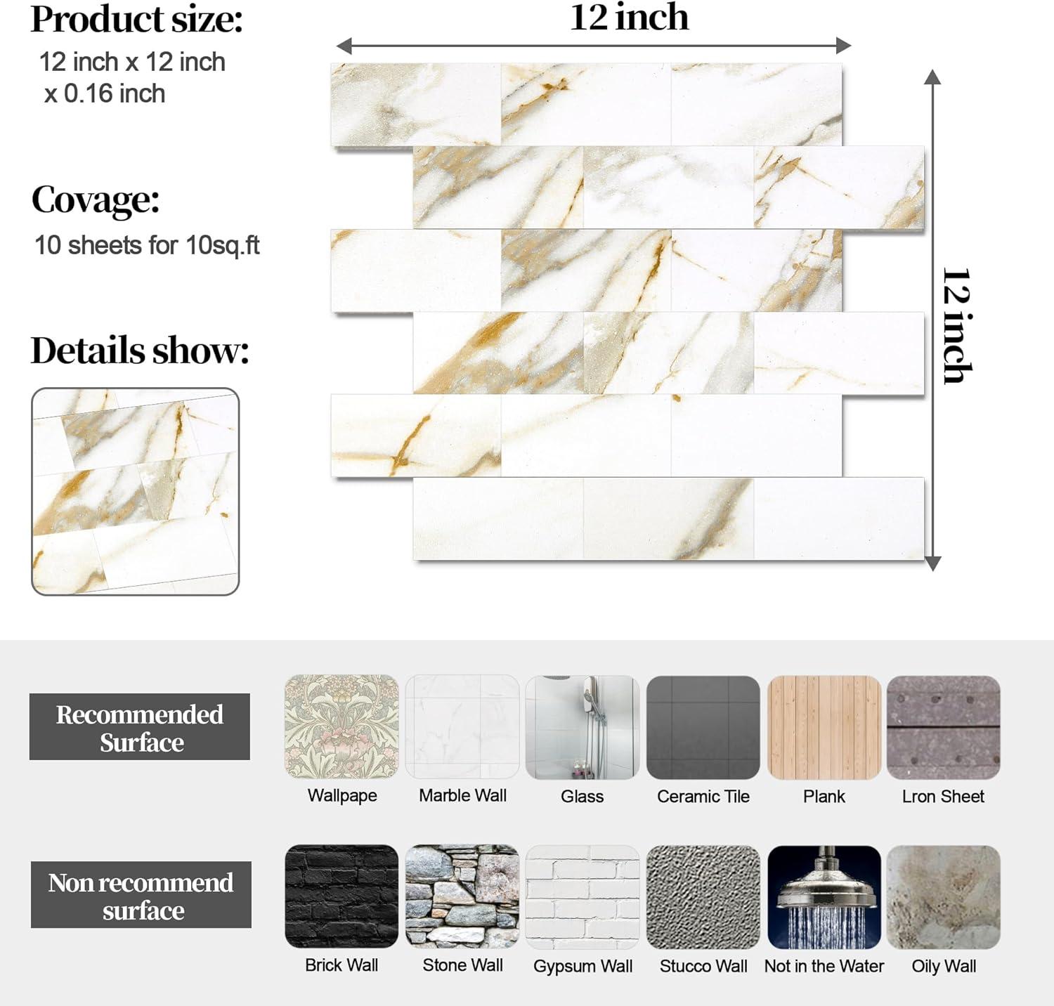 10-Pack Peel and Stick Tile Backsplash 12"X12" PVC Wall Tiles, Stick on Backsplash for Kitchen, Bathroom Tile, Fireplace Décor, Laundry Table, Stair Decals in Cala Golden